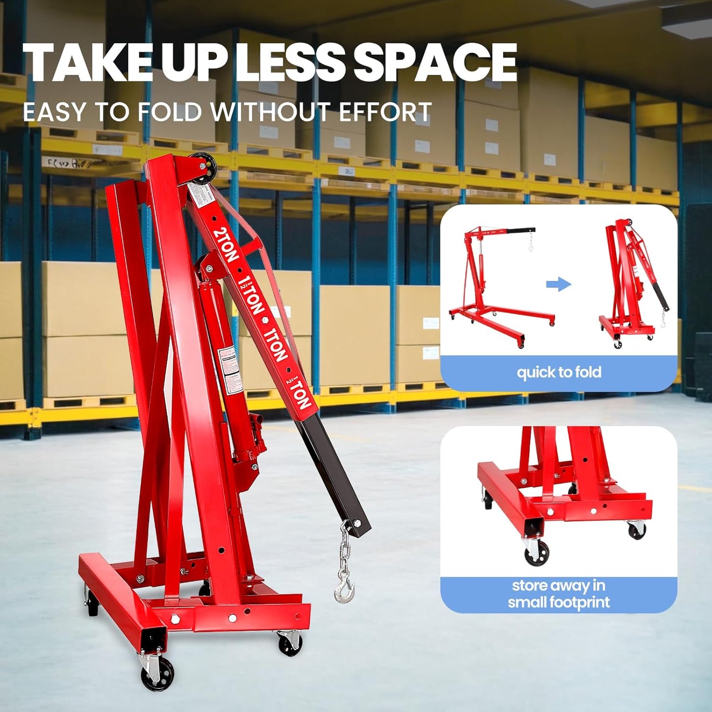 Engine Hoist 2 Ton Folding Cherry Picker Engine Hoist, Heavy Duty Alloy Steel Hydraulic Engine Stand with 8 Ton Hydraulic Pump, Engine Lift for Workshops, Warehouses, Red (Engine Hoist)
