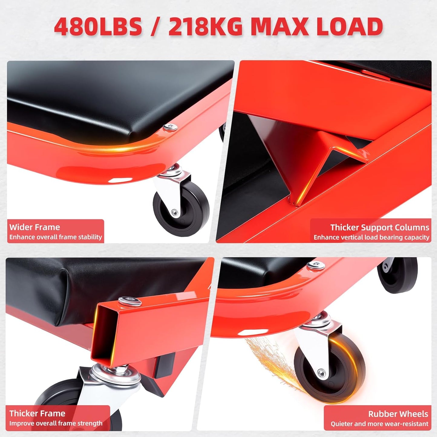 Mechanic Creeper 40inches 3-in-1 Z Seat 480lbs Capacity, Foldable Garage Chair Adjustable Rolling Folding with 6pcs Wheels Roller, Lay Down Sit Lean Back, Under Car Shop Auto Repair Man Gift