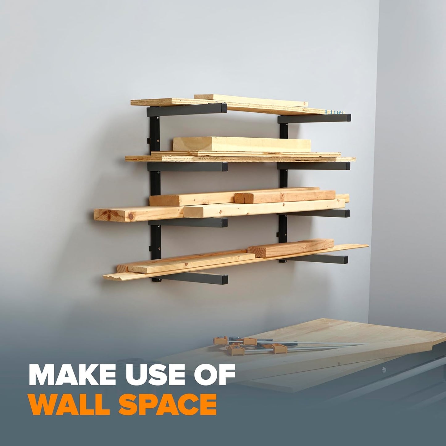 Bora 4-Level Lumber Storage Rack Wood and Garage Organization Space-Saving Metal Shelf for Pipes, Boards, Plywood, and Building Materials - PBR-004B Black Gray