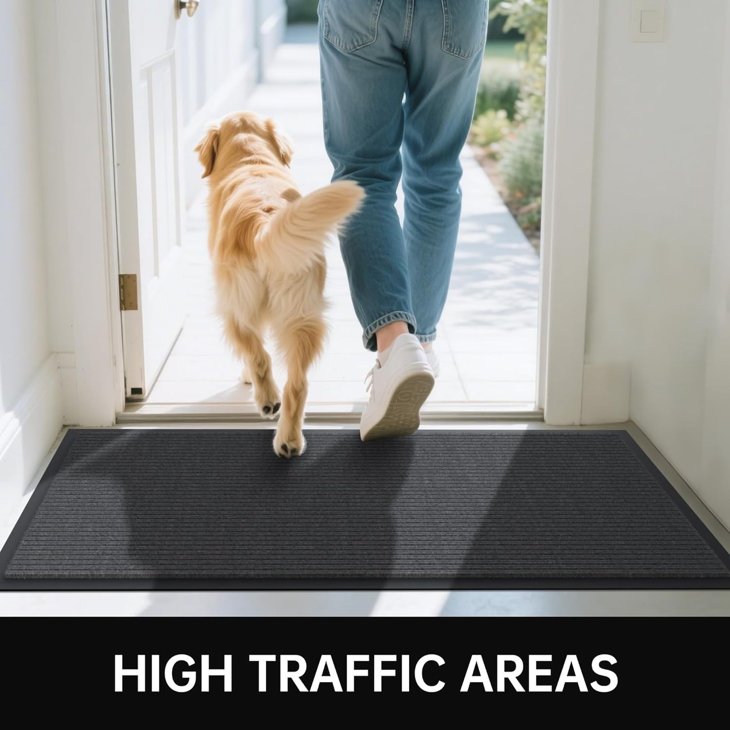 Front Door Mat, 3' x 10' Heavy Duty Indoor Outdoor Welcome Mat for Entryway, Commercial Entrance, Low Profile, Non-Slip, Durable Rubber Backing for Patio, Home