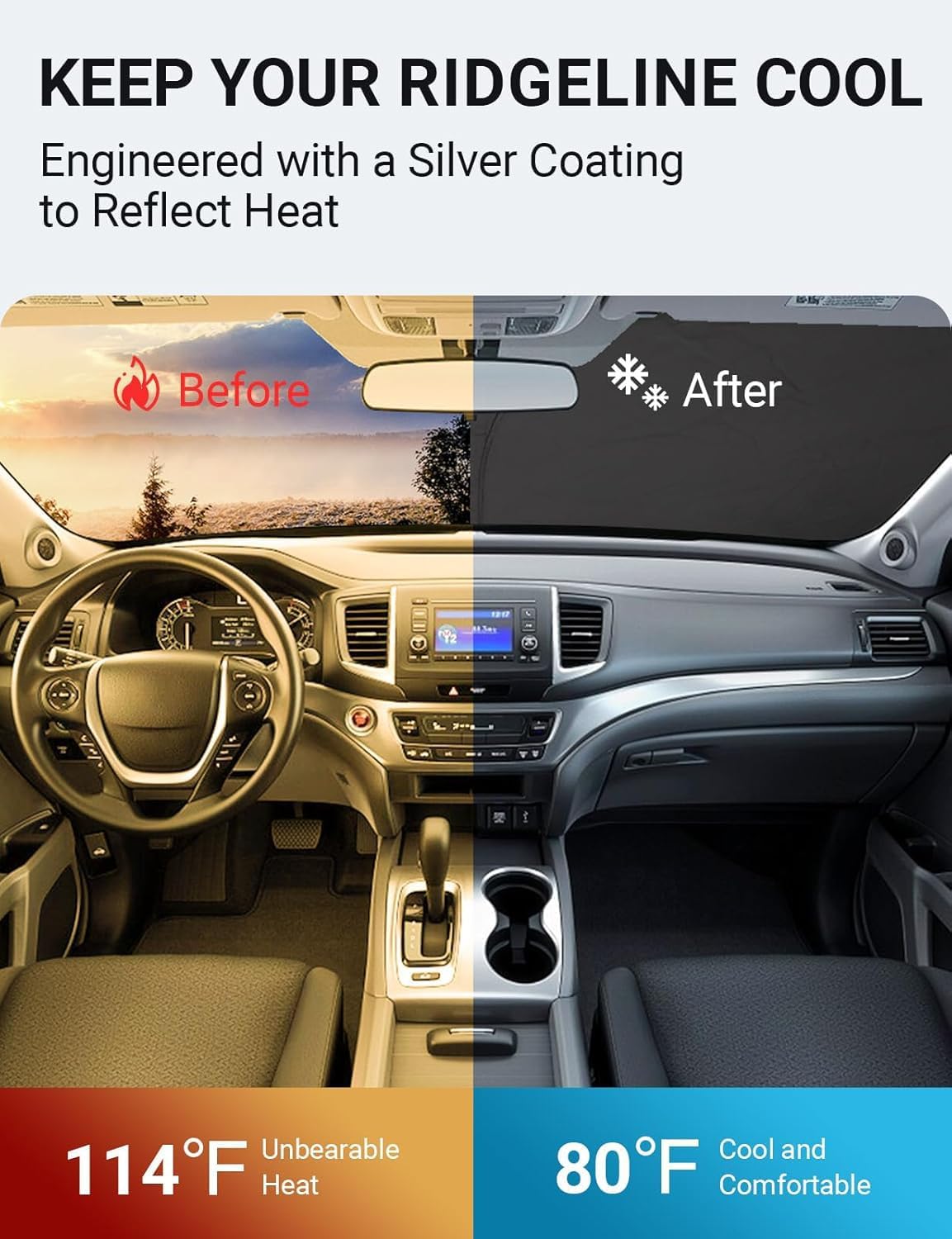 Proadsy 2025 Upgrade Windshield Sun Shade Custom Fit Honda Ridgeline 2017-2024 2025 4-Layer Foldable Front Sunshade Protector Sun Visor Blocks UV Rays Keep Car Cooler