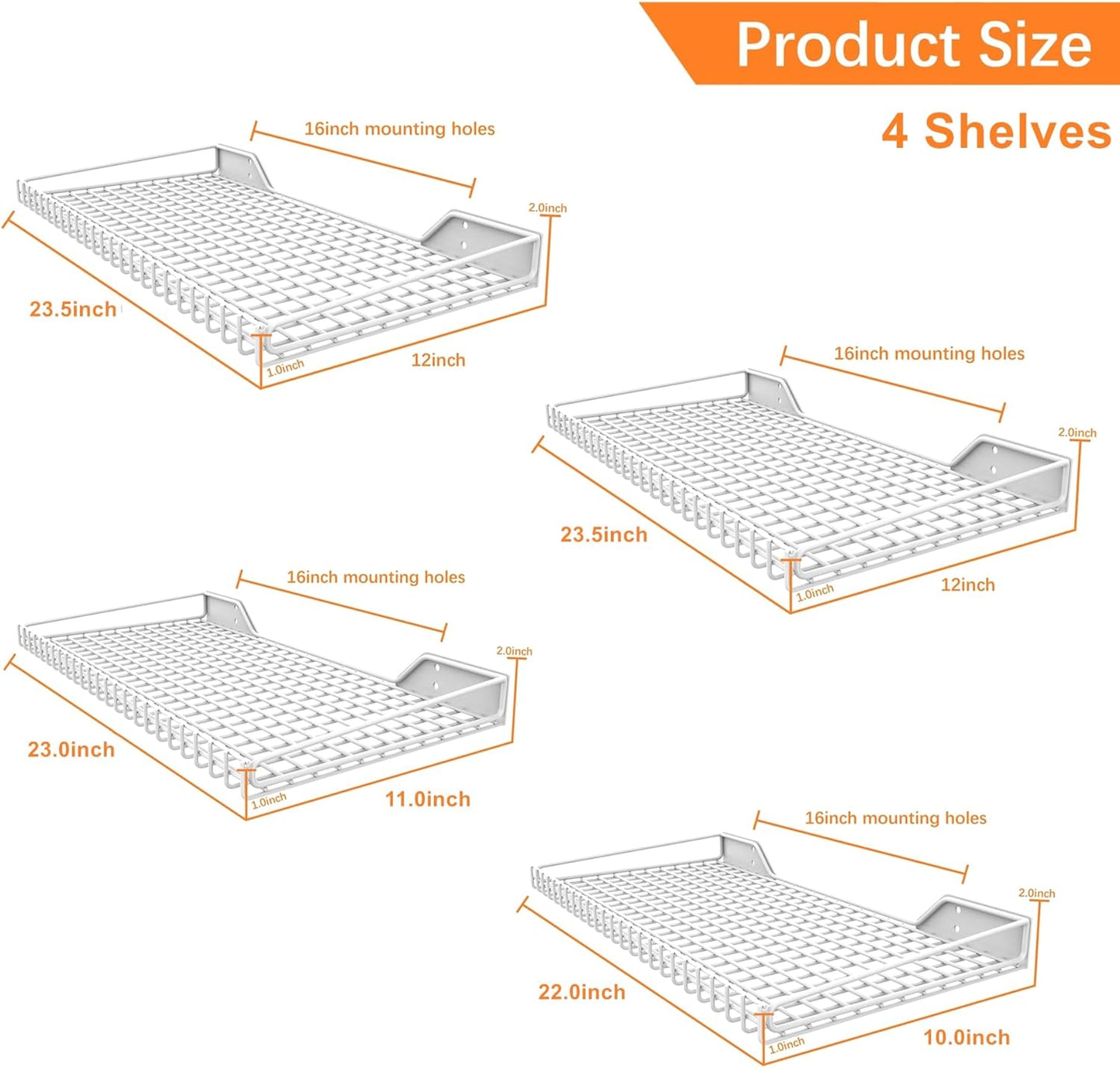 WALMANN Garage Wall Shelf, Wall-Mounted Storage Shelves for Garage, Closet, Laundry Room, Heavy Duty Wall Shelving, Holds Up to 65 Lbs(White, 4 Shelves)