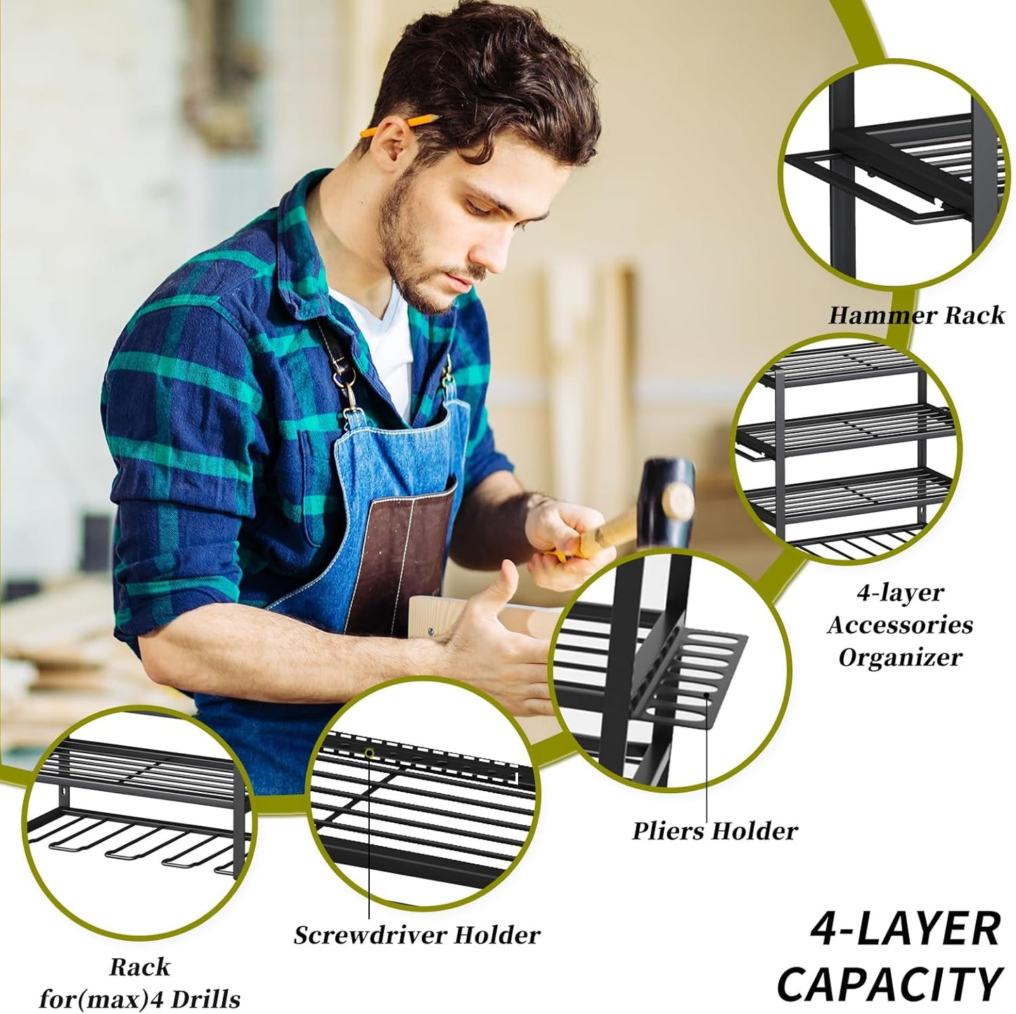 KAFAHOM Power Tool Organizer,4 Layer Drill Holders Wall Mount,Heavy Duty Metal Organizers and Storage Rack for Garage Organization,Tools Shelves with Screwdriver Plier/Hammer Holder, Black