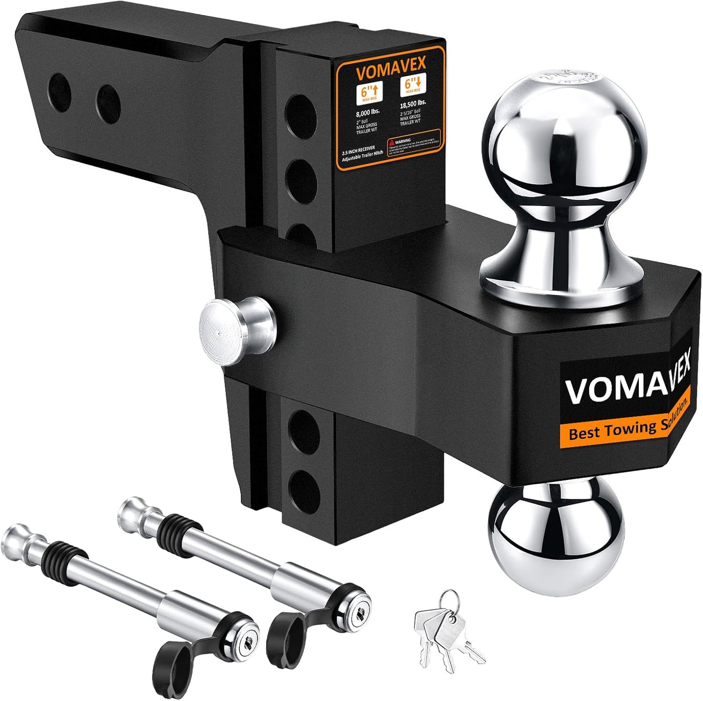 Adjustable Trailer Hitch-Drop Hitch Fits 2.5-Inch Receiver -6" Drop/Rise Tow Hitch with 2" and 2-5/16" Tow Balls-18,500GTW with Double Anti-Theft Pins Locks, Black