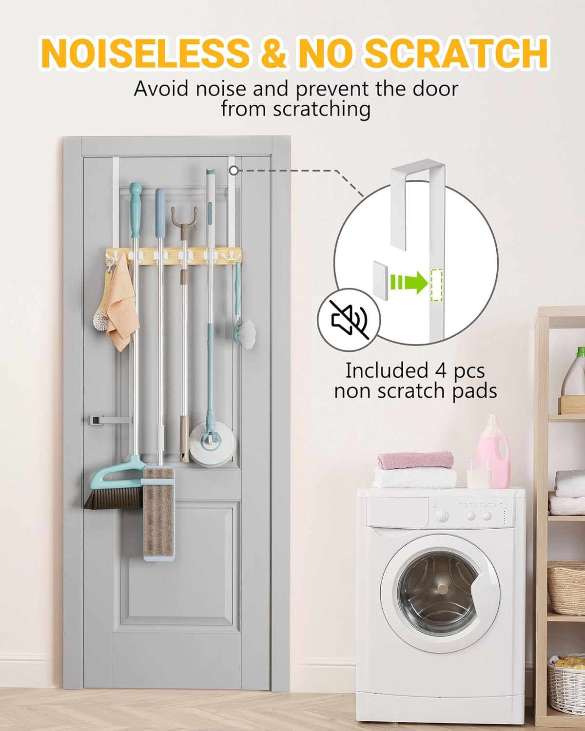 Lorbro Broom Holder Door Mount, Over the Door Broom and Mop Holder with 2 Over Door Hooks, Wood Broom Hanger, Tool Rack Organizer for Laundry, Garage, Closet, Kitchen Decor, 4 Slots & 4 Hooks Rustic