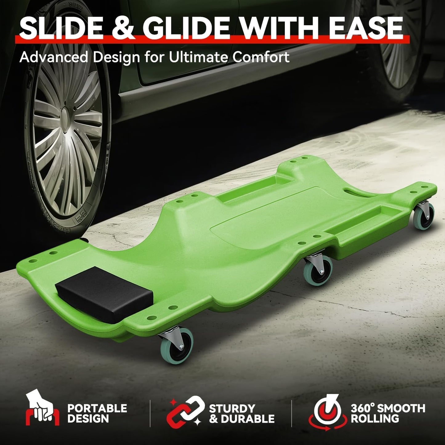 Auto Dynasty 40 Inches Mechanic Creeper, Automotive Garage Repair Low Profile Under Car Rolling Creeper with Padded Headrest, Plastic, Green