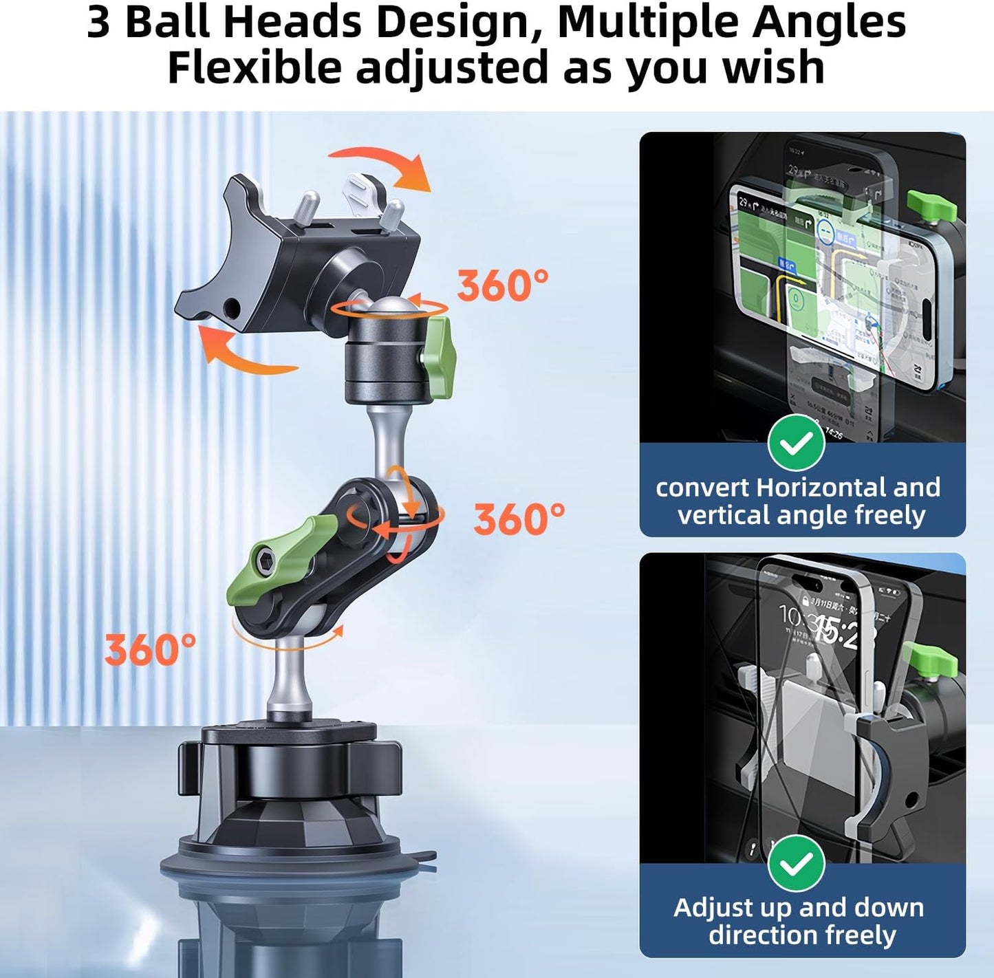 HEMMOTOP Suction Cup Car Phone Mount, 12 in Heavy Duty Metal Cell Phone Holder for Windshield, 360° Rotation Vacuum Magic Arm for iPhone All Smartphone & Cars Truck