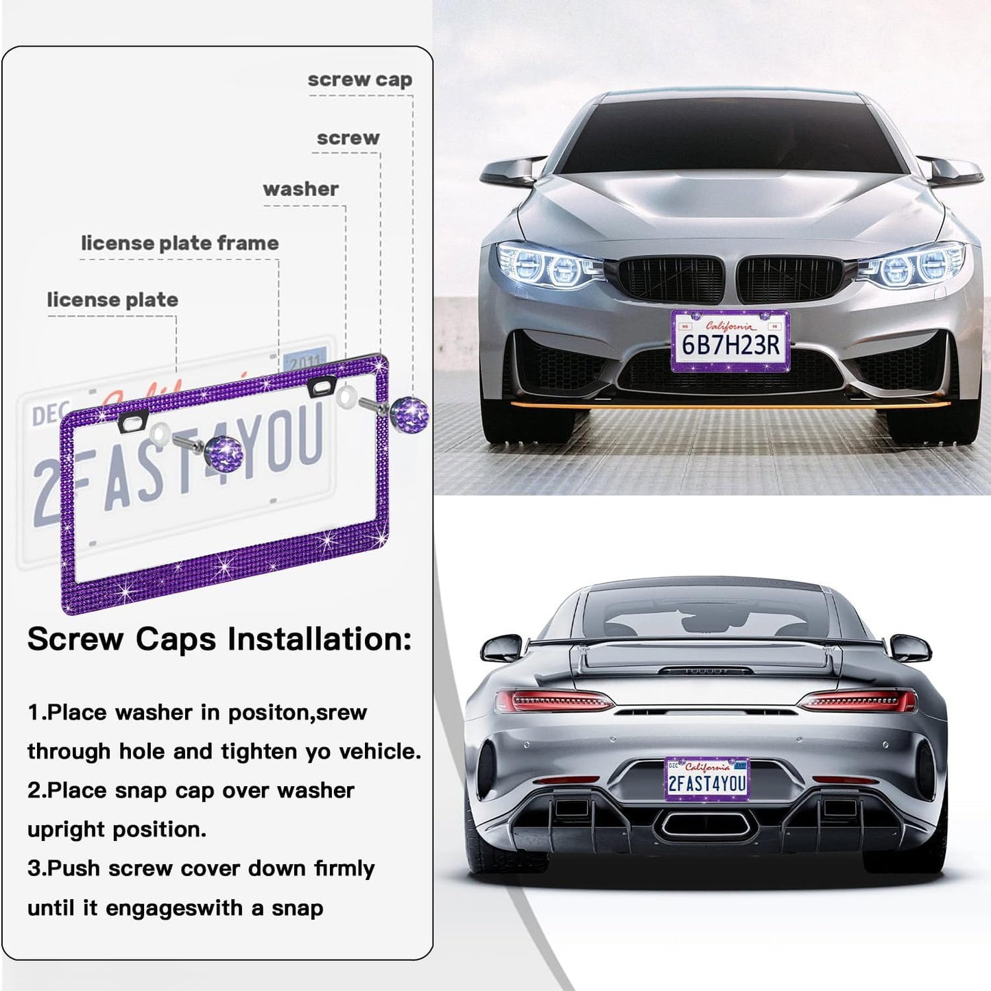 2 Pack License Plate Frames for Women, Sparkly Rhinestone Diamond Car Accessories with Glitter Crystal Caps (Violet（2PCS）)