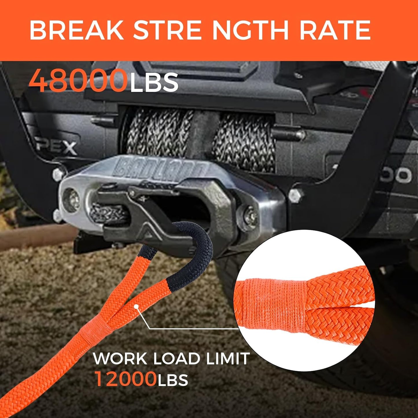 Kinetic Recovery Tow Rope, 48000LBS Snatch Strap (1" x 30ft) with Soft Shackles, Extreme Duty 30% Elasticity Energy Offroad Towing Straps Kit for Car Jeep Trucks SUV UTV ATV Tractor - Orange