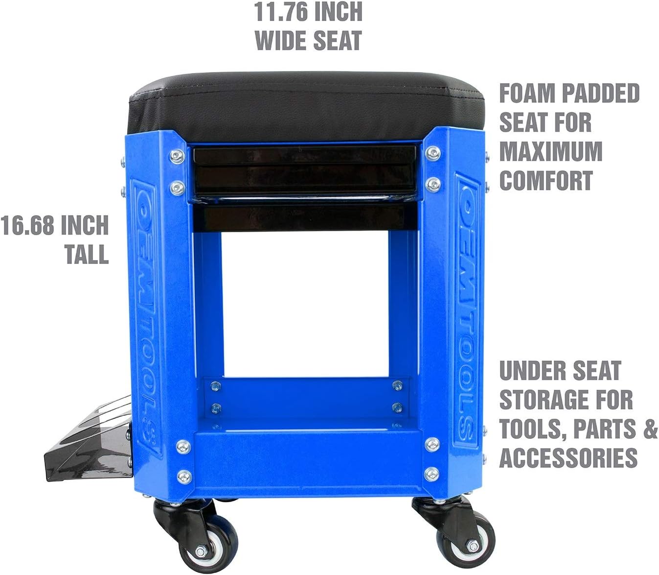 OEMTOOLS 24996 Blue Workshop Creeper Seat, Rolling Stool with Tool Storage, Mechanic Stool for Garage Work, 280 lb Capacity