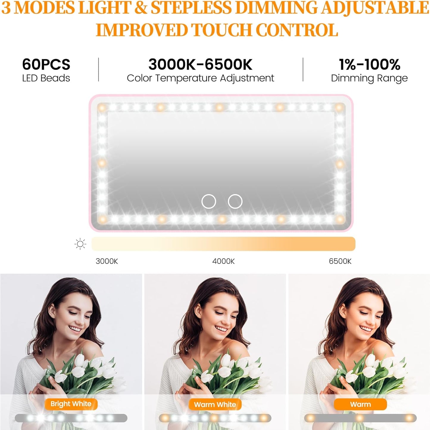 Car Sun Visor Vanity Mirror with Lights, Pink Rechargeable Car Makeup Mirror Accessories, Birthday Gifts for Women Girl, 3 Light Modes, Dimmable Touch Led Screen, Universal for Car Truck