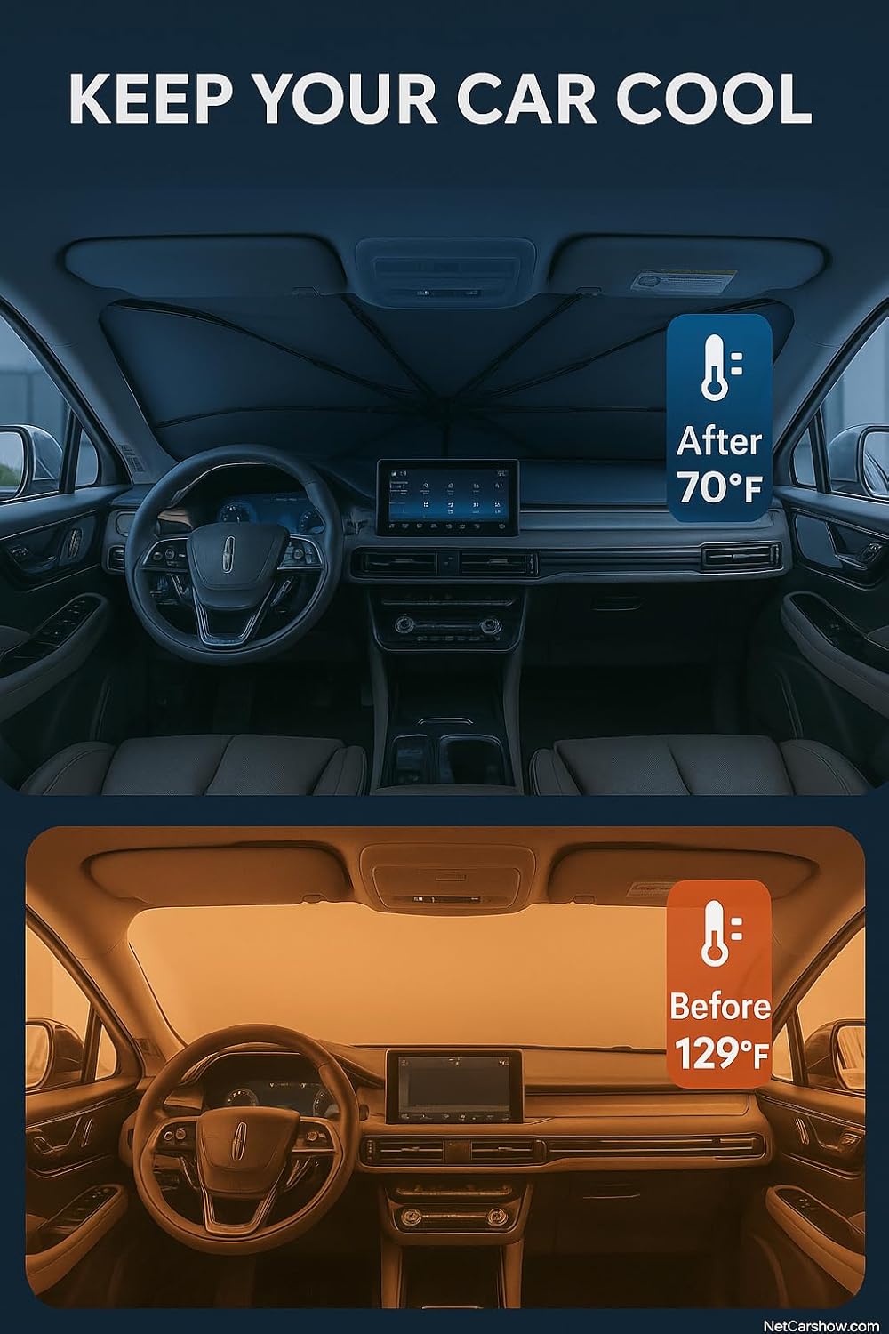 Proadsy Windshield Sun Shade Umbrella for Lincoln Corsair 2020-2025 2026 Foldable Car Umbrella Sunshade with Soft TPU Handle Spring Structure Crystal Cooling Material Protect Car from Rays & Heat