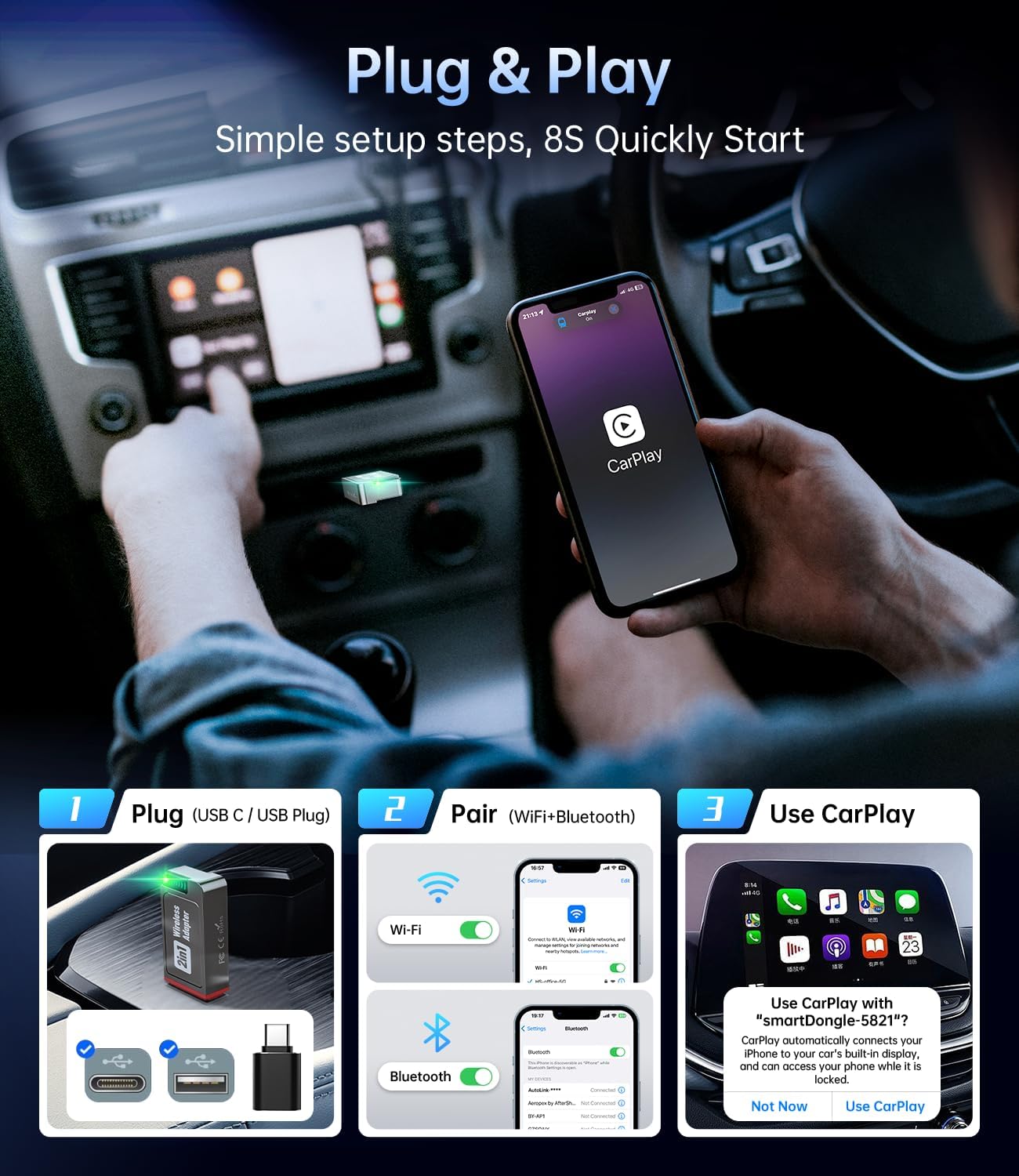 Wireless Carplay Adapter, 2025 Upgrade Mini USB Design for Car Play & Android Auto, Easy Use Fast Stable Connection for iPhone