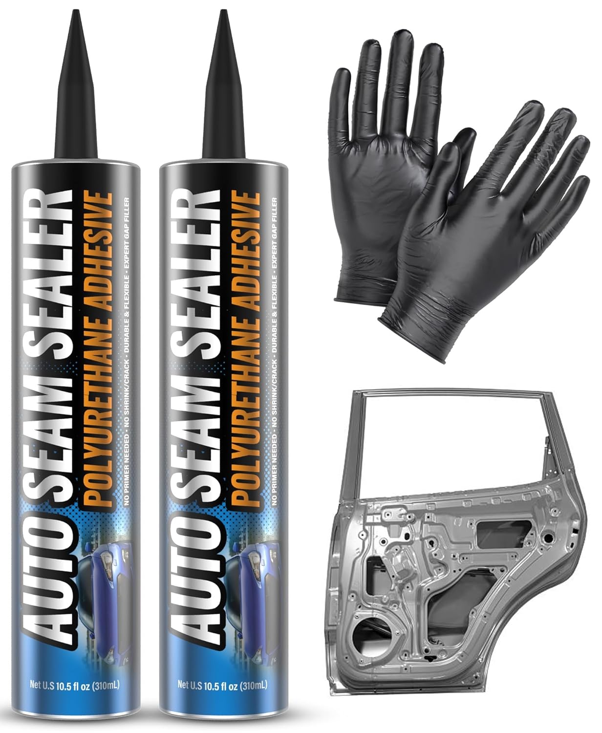 [2 Pack] Professional Automotive Seam Sealer, Paintable Quick-Set Polyurethane Auto Body Seam Sealer for Metal Surfaces of Cars, Trucks, Etc, Includes Gloves & Tip - White RV Roof Sealant