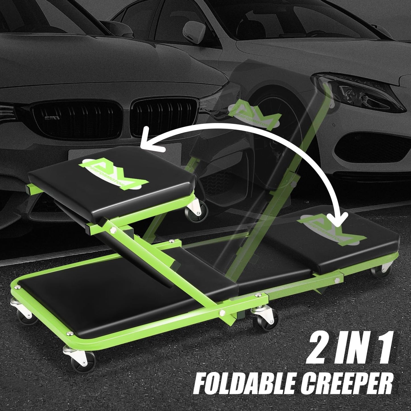 PM PERFORMOTOR 36 Inches Folding 2 in 1 Rolling Z Creeper, Adjustable Roller Garage Chair Lay Down or Sit, 6 Pcs 2" Casters, 150kg Weight Capacity, Green,PM-TOL-CPS36-GR