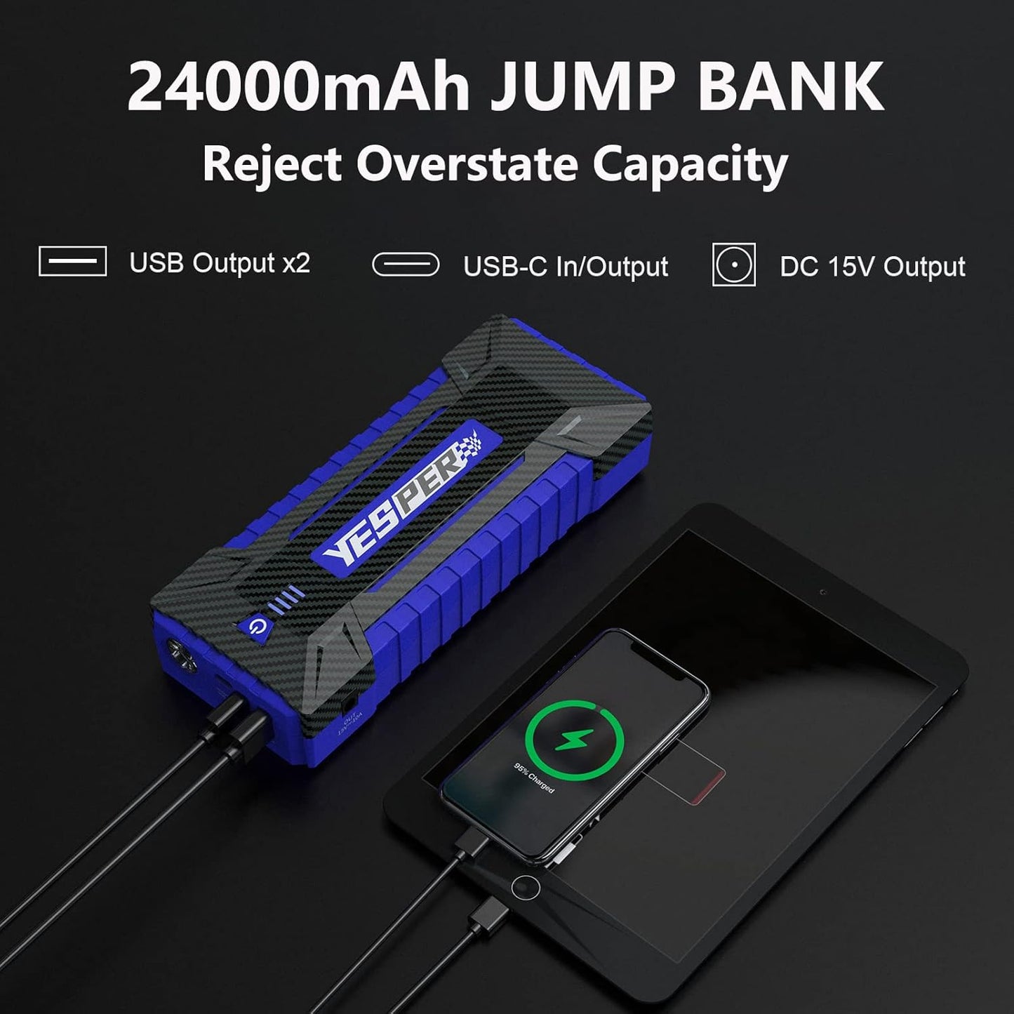 YESPER Jump Starter Portable, 4120A Peak Car Jumper Starter Jump Box(for All 12V Gas10.0L Diesel Engine), Booster Pack Jump Starter with DSLI Safe Tech& DC 15V Ports