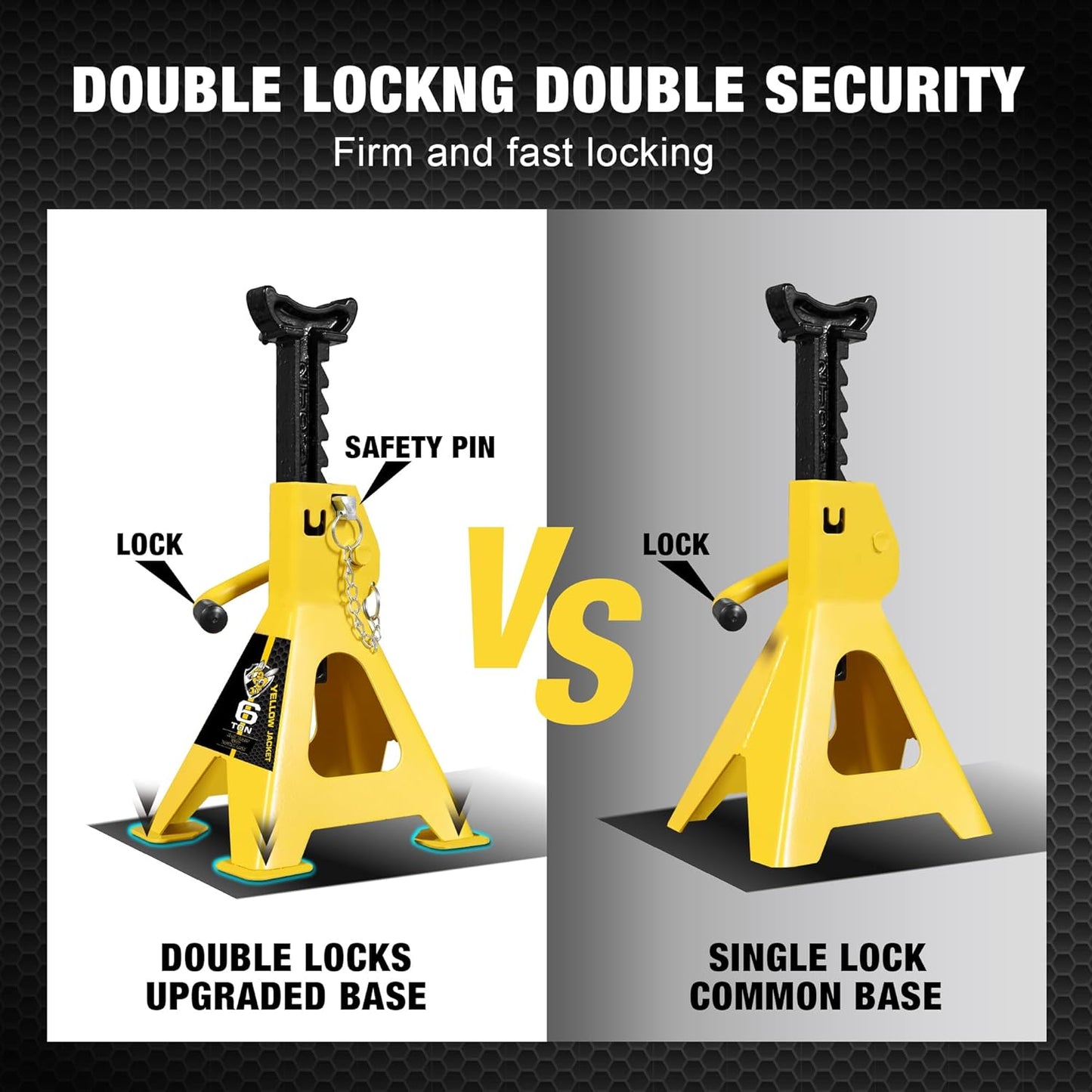 YELLOW JACKET Jack Stands 6 Ton with Double Locking and Large Foot Base for Lifting SUVS, Heavy Duty Steel, 13000 lb Capacity, 1 Pair, Yellow