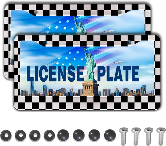 License Plate Frames Black and White License Plate Bracket Black and White Checkerboard Universal Aluminum Car Accessory 2 Pack with Screw Covers Set