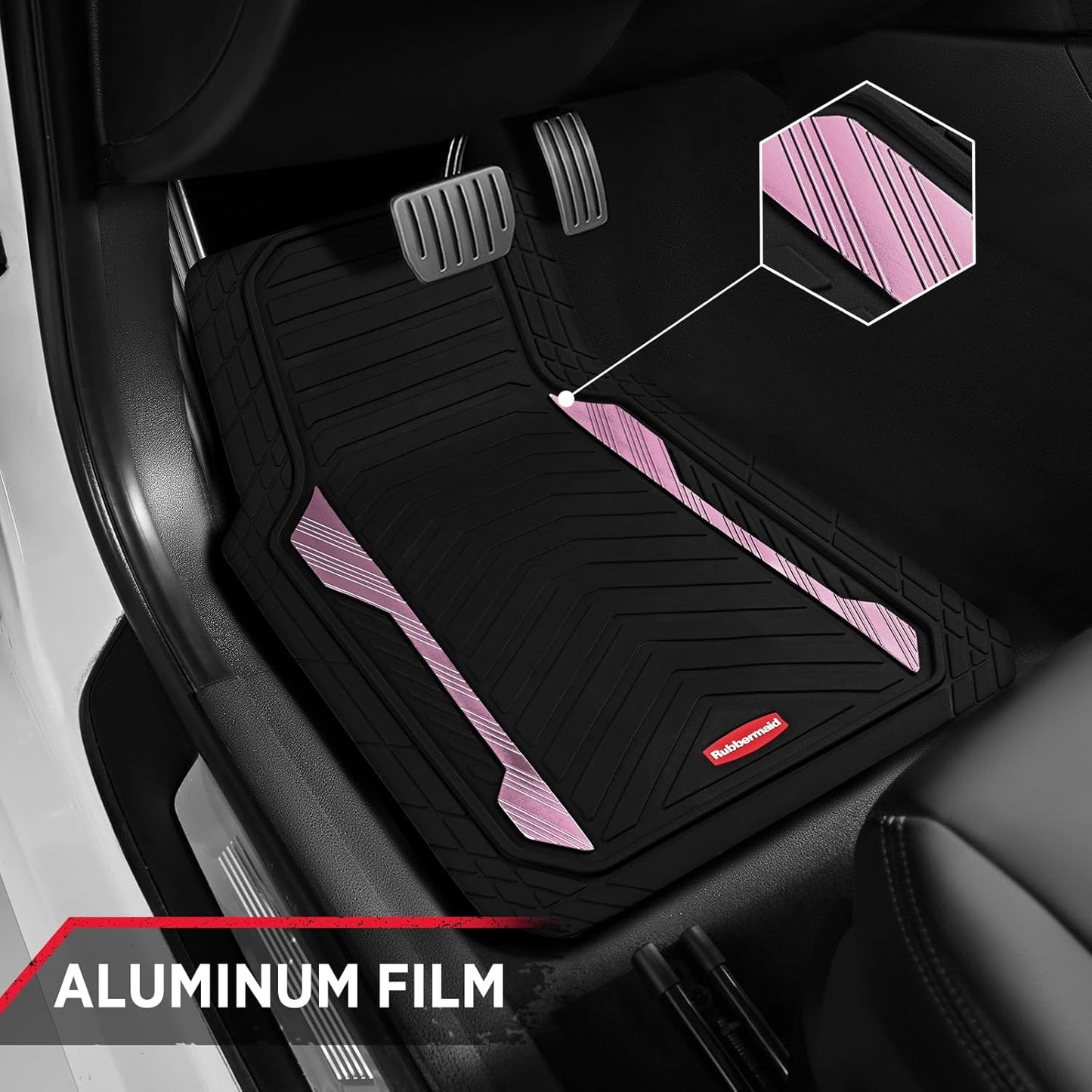 Rubbermaid Car Floor Mat, Heavy Duty All-Weather Car Mats Full Set with Dual-Tone Pink Aluminum Inserts – Universal Fit, Anti-Slip Backing, Trim-to-Fit for Most SUV, Sedan, Van