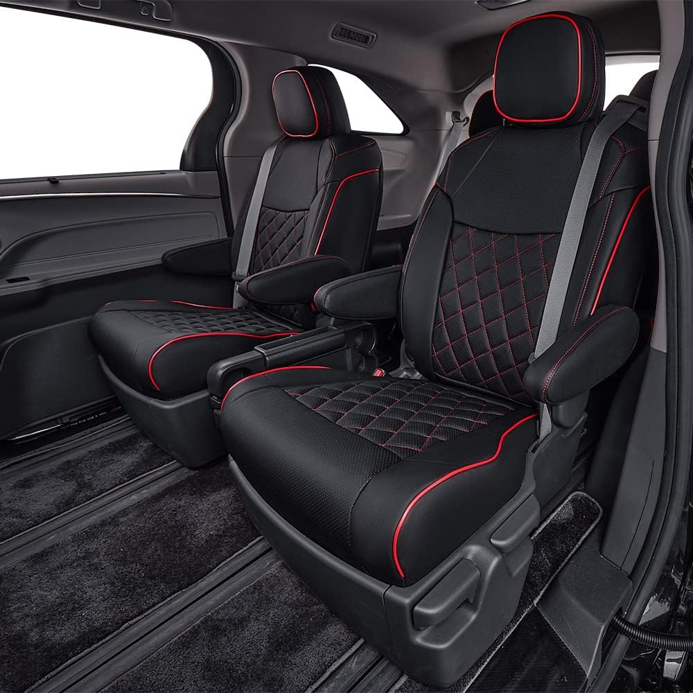 EKR Sienna Seat Covers for 2021-2025 Toyota Sienna LE, XLE,8 Seats,2nd Row 4/2/4 Split,Waterproof Seat Covers Full Set for Trucks,Car Seat Protectors-Three Row,Leather(Black with Red Piping)