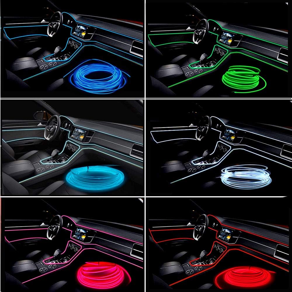 El Wire White Interior Car LED Strip Lights, 10M Neon Wire USB 5V with Fuse Protection for Automotive Interior Decoration, with 6mm Sewing Edge