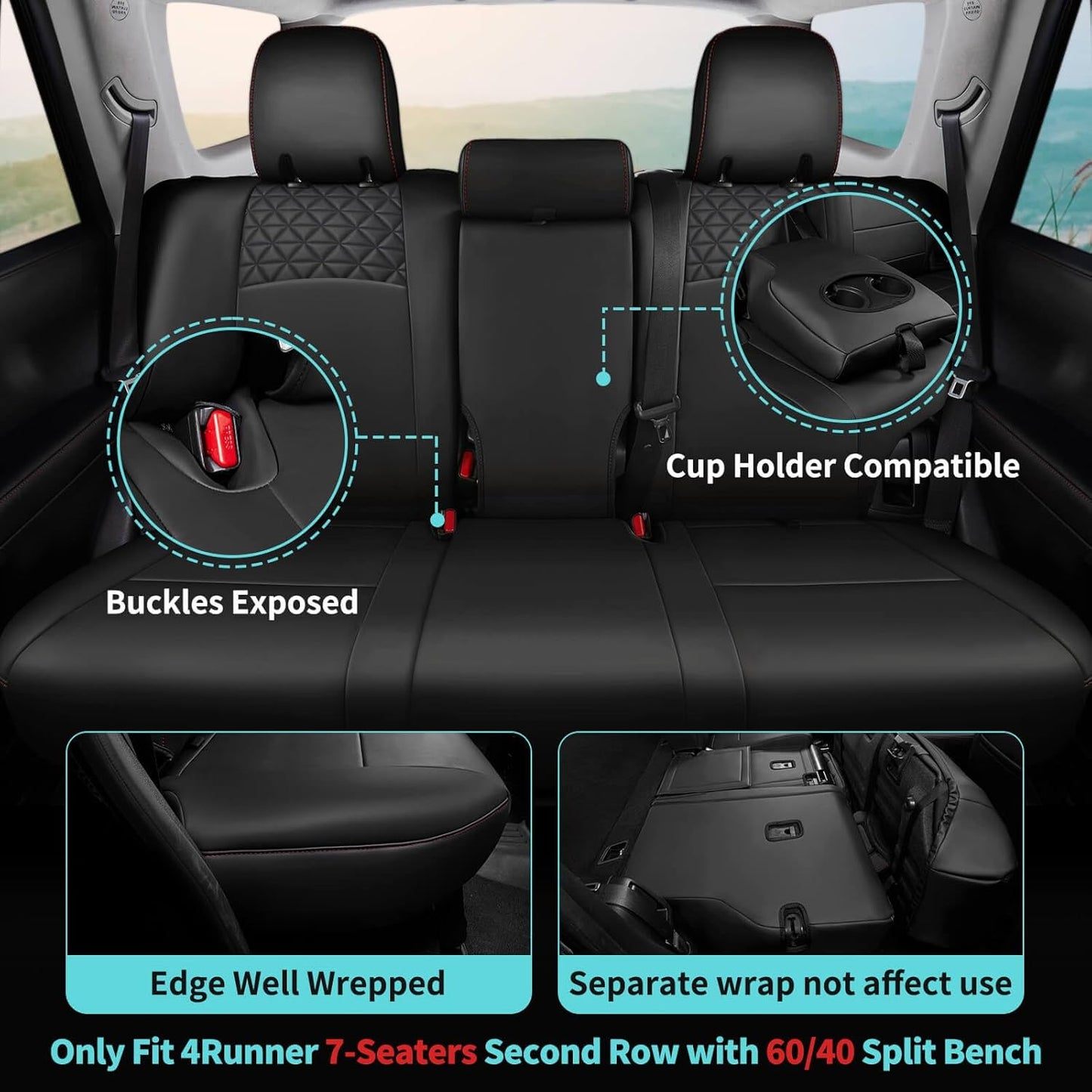 Seat Covers for Toyota 4Runner 2011-2024, Faux Leather Car Seat Cover Full Set, 3-Row-Only for 7 Seats Version-BlackRed