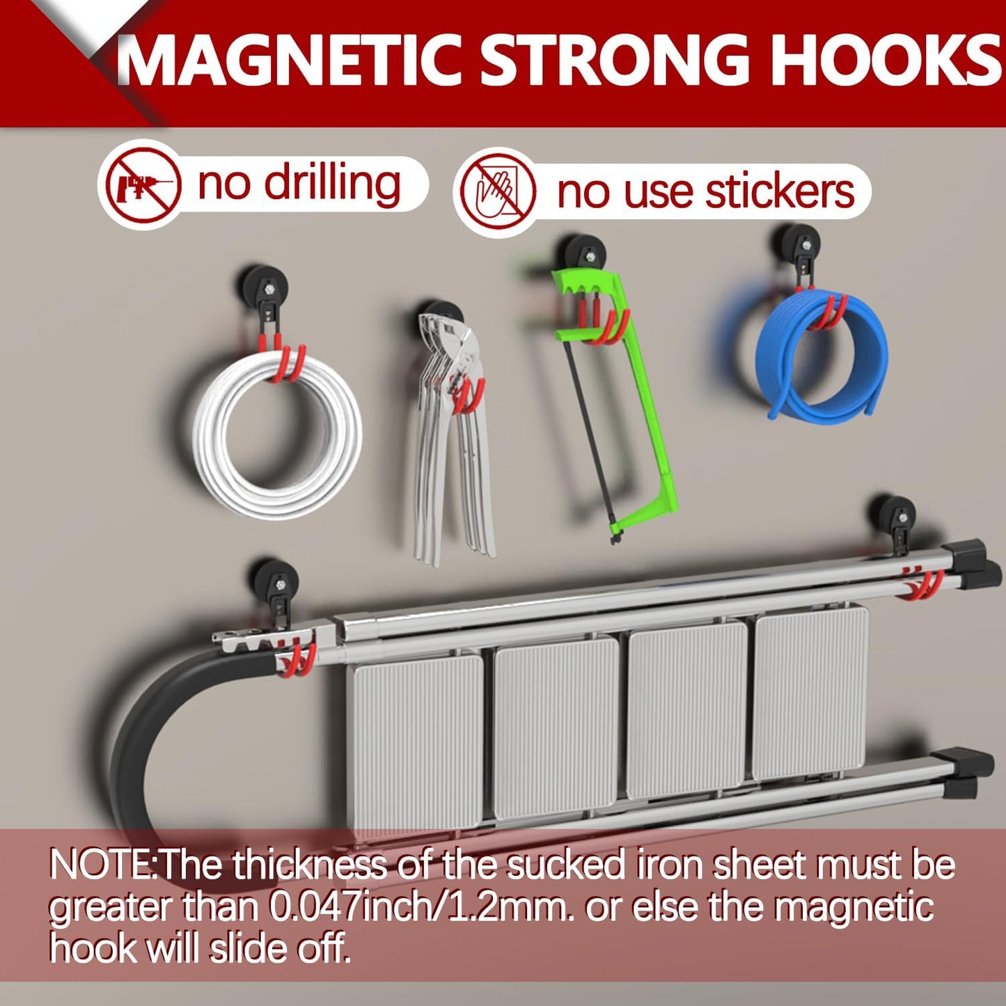 3-H Heavy Duty Magnet Garage Hooks 4 Pack, J Shape Strong Magnetic Hooks for Hanging Cordless Power Drill, Utility Magnetic Tool Holder for Metal Cabinet, Steel Pegboard, Toolbox, Garage(Red)