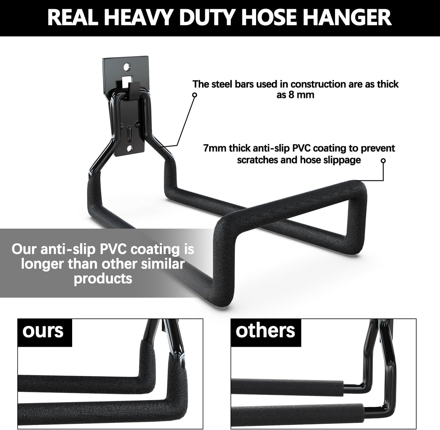 3-H Solid Steel Garden Hose Holder - Wall Mounted Hanger with Extension Strap for Outdoor Water Hoses & More