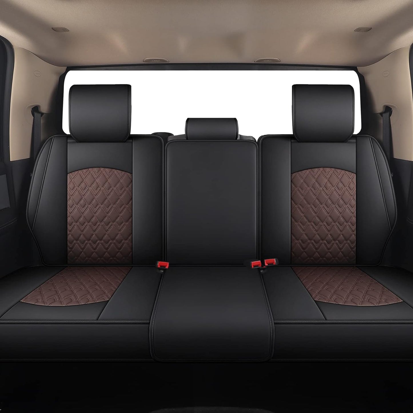 JOJOBAY Car Seat Covers for Dodge Ram Full Set,Fit Ram 2009-2025 1500/2500/3500 Pick-up Truck,Crew,Regular,Quad,Mega Cab,Waterproof Leather Seat Covers Protectors（5PCS Full Set,Black-Brown）