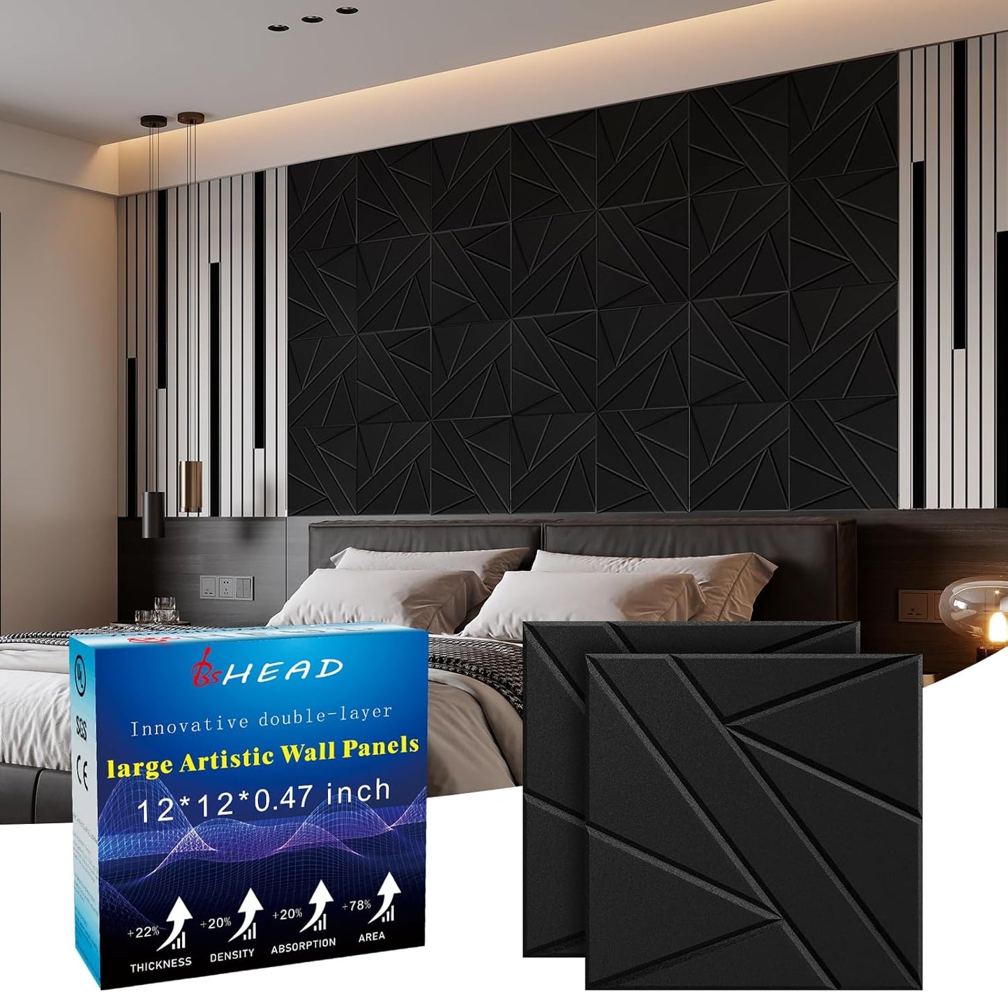 12 Pack Self-Adhesive Soundproof Wall Panels, 12 x 12 x 0.47 In Sound Proof Foam Panels for Walls, 1.2lb/ft³ High Density, Thicker 0.47in, Acoustic Panels, Noise Dampening Panels Studio Black
