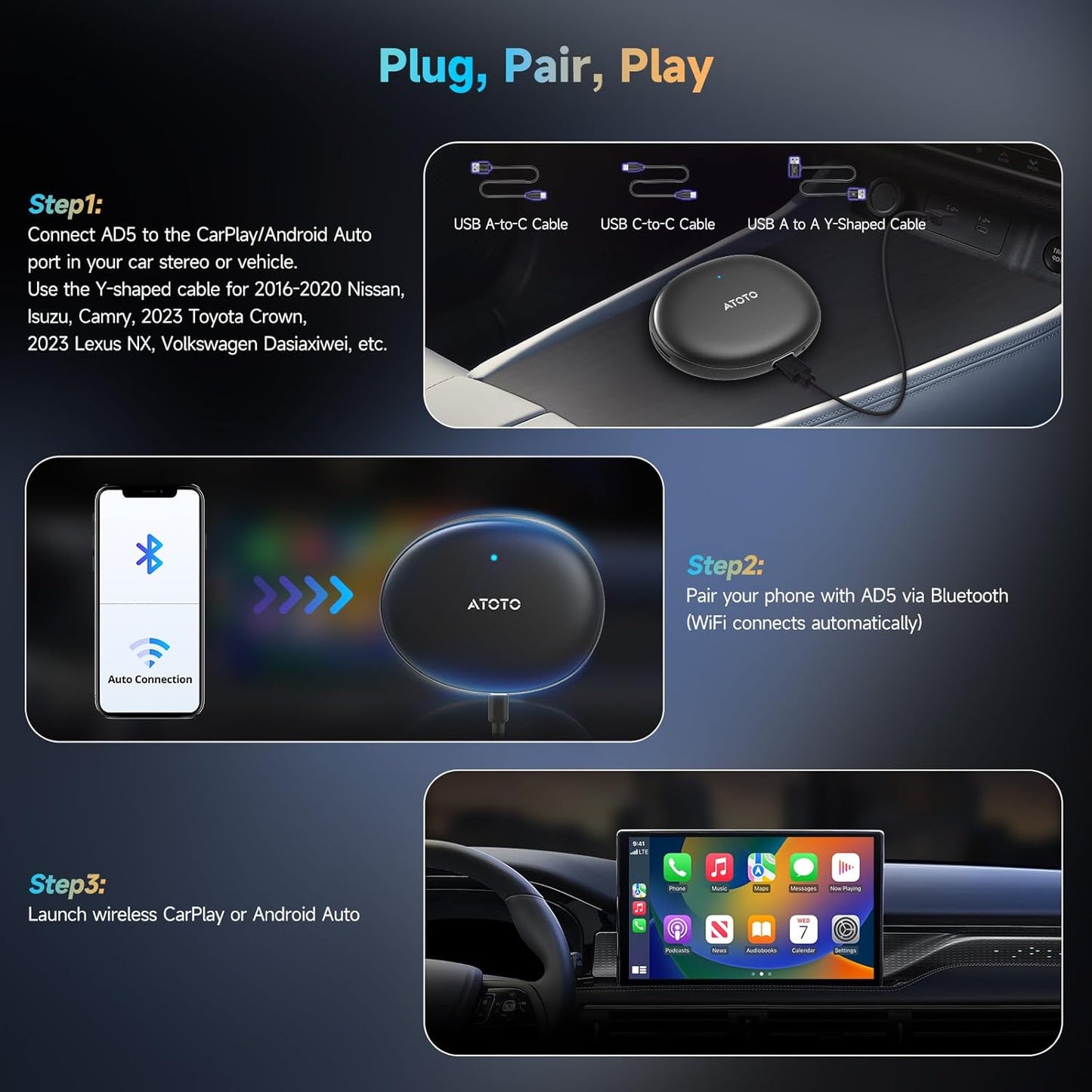 AD5 AI Box Wireless CarPlay Adapter & Android Auto, 2025 Upgrade Ai Box CarPlay Compatible with YouTube, AI DriveChat, Dual Wi-Fi, Dual BT, Black