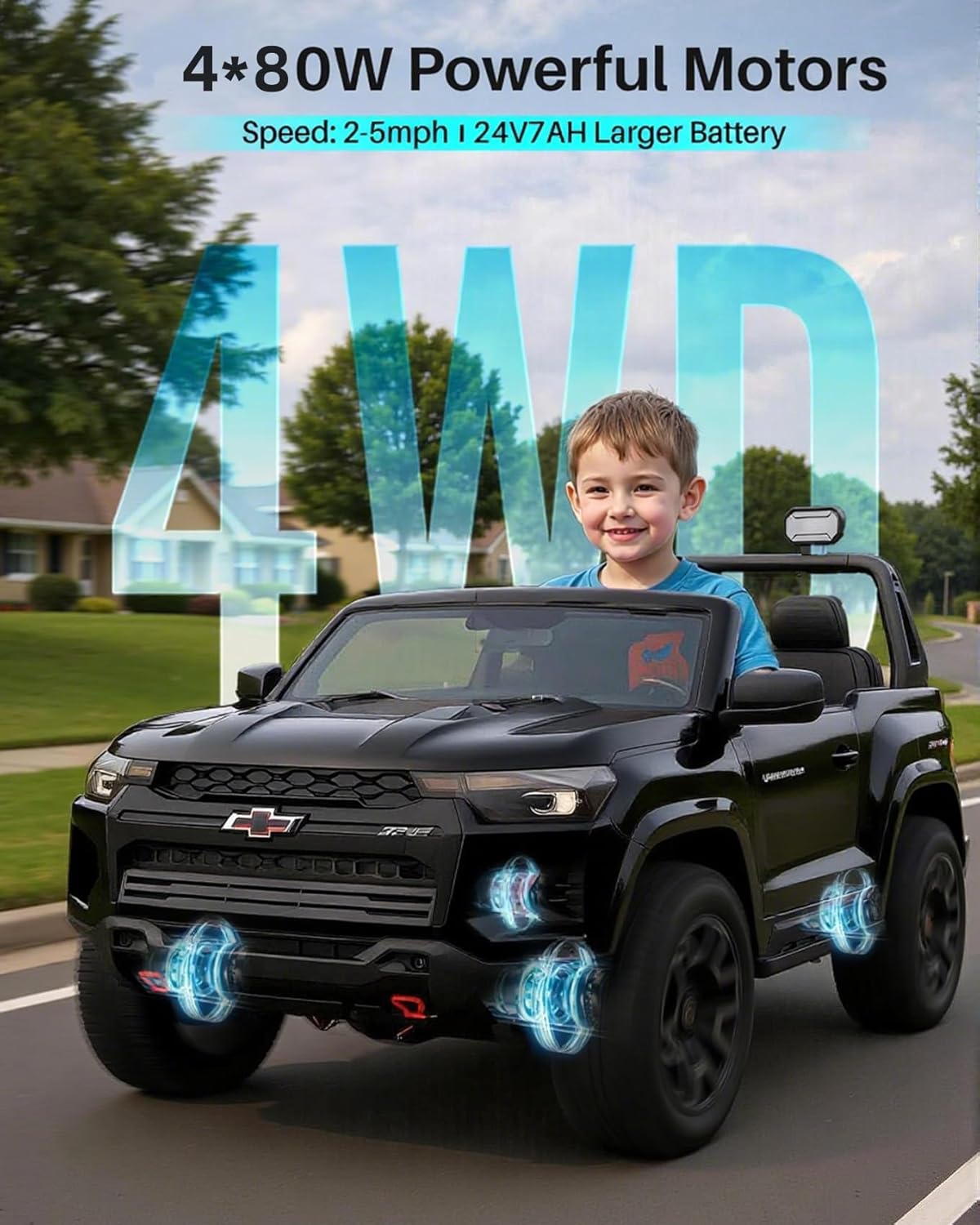 Joywhale 24V Ride on Truck 4WD Kids Electric Vehicle Licensed Chevorlet Ride on car with 7AH Big Battery, 320W Powerful Motors, 2 Seats, Music, 4 Wheel Suspension, 2 Speeds, LED Lights,Black