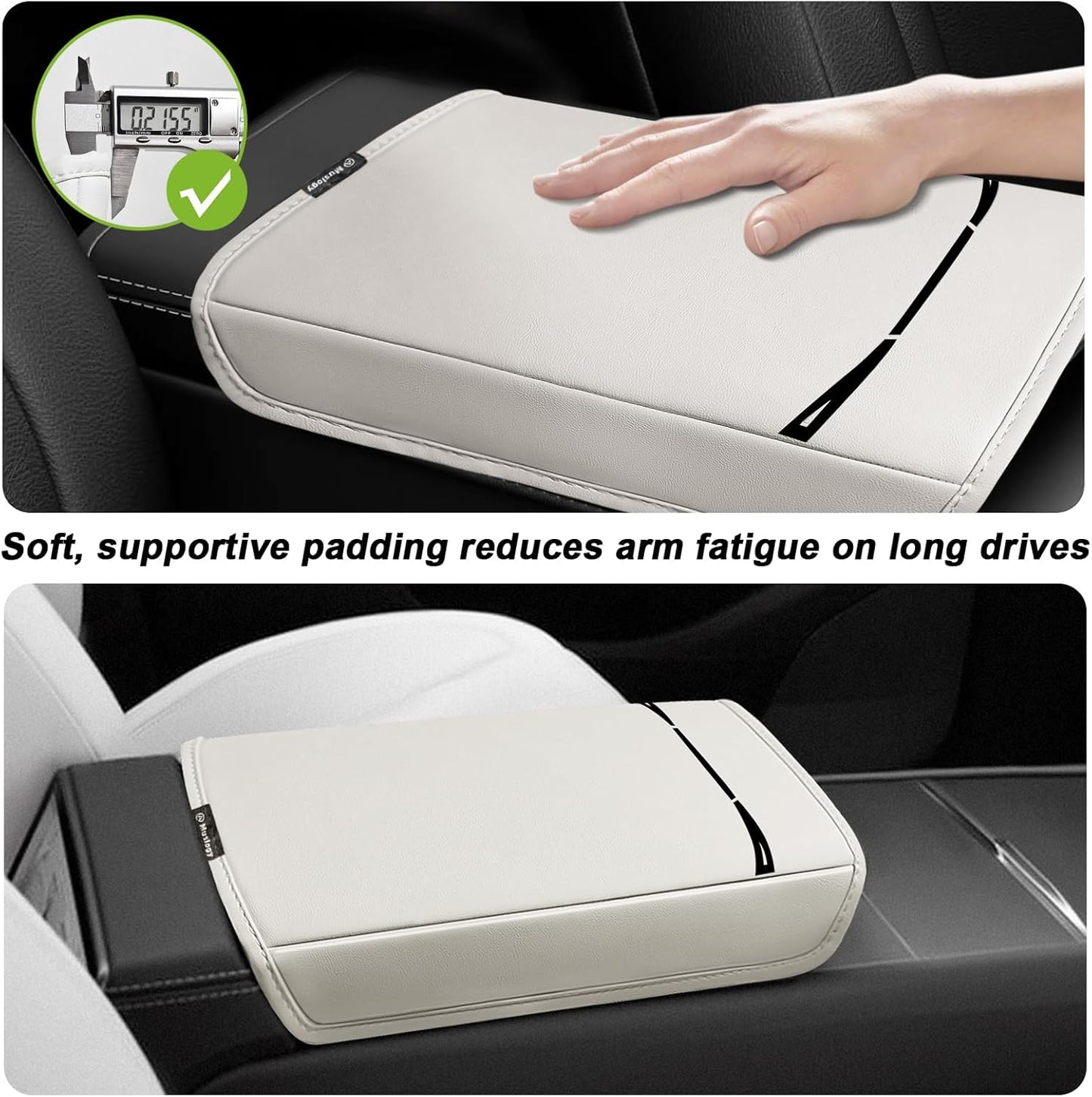Muslogy Center Console Armrest Cover Compatible with Tesla Model Y Refresh 2026 Comfort Armrest Pad Arm Rest Cushion Vegan Leather Protector Regular Thick (25+ |Juniper| White, Regular)