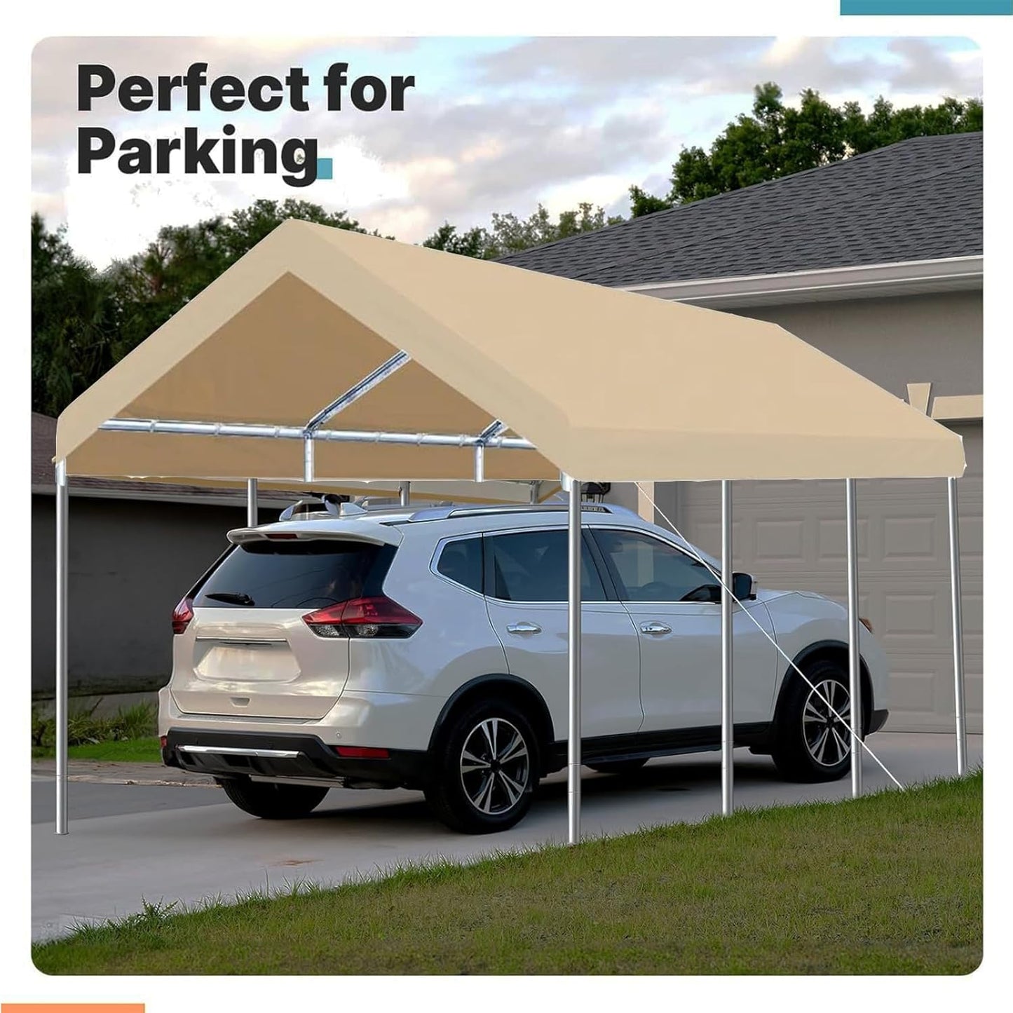 Carport Replacement Canopy Cover for Car Tent Top Garage Shelter Cover Tarp with Ball Bungees (Only Top Cover, Frame Not Include) (Ginger, 10’ x 20‘)