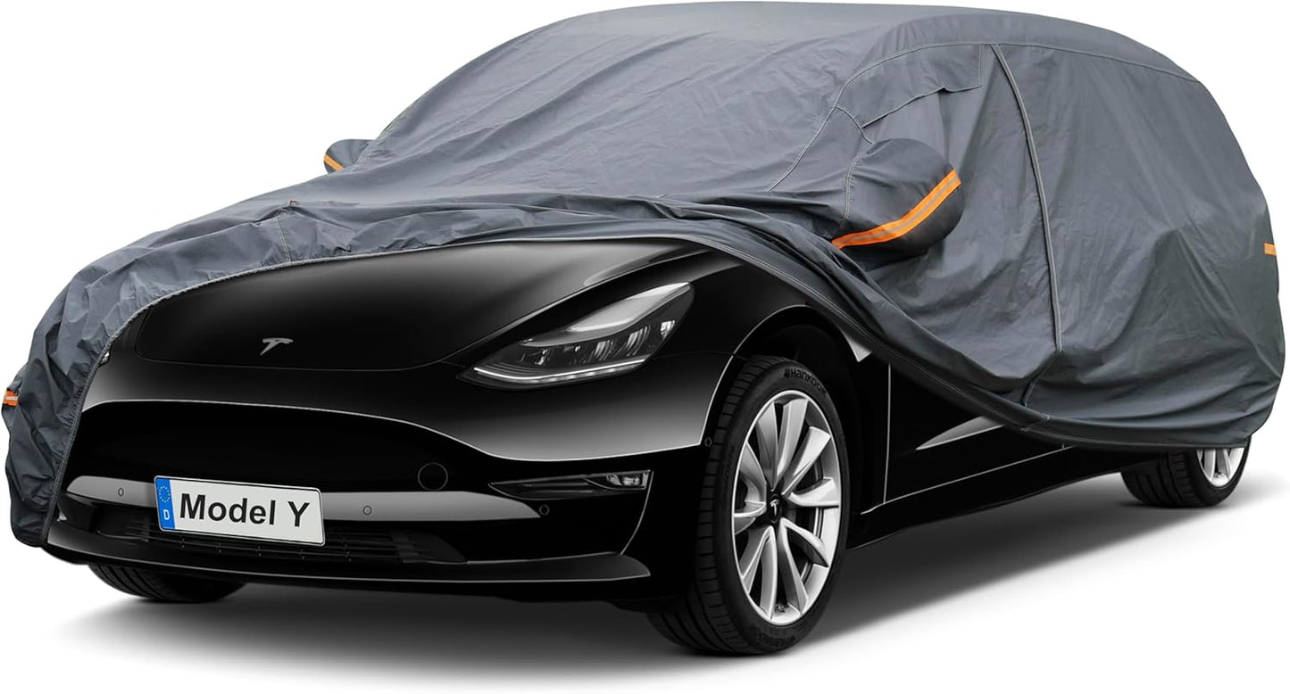 Premium Car Cover Custom Fit Tesla Model Y (2020-2025), 16 Layers Heavy Duty Car Cover Waterproof All Weather with Zipper Door for Sun Rain Snow Dust Uv Protection