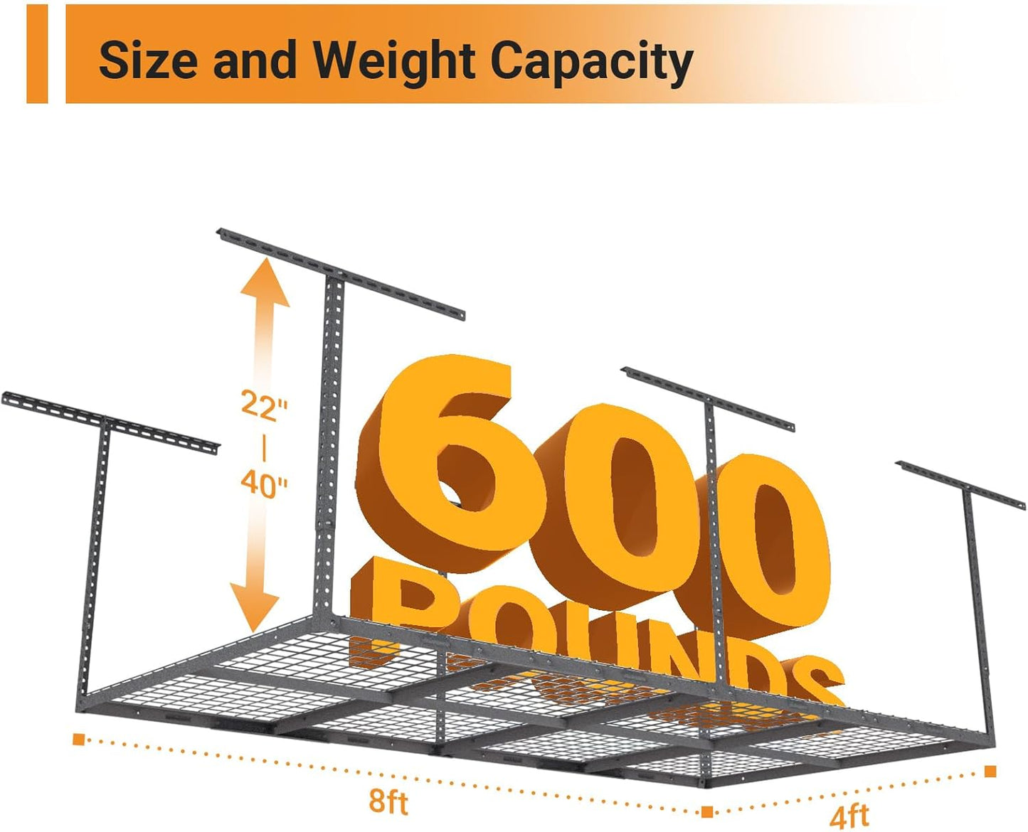 4ftx8ft Overhead Garage Storage Rack, Heavy-Duty Metal Garage Ceiling Storage Rack, 22''-40" Adjustable Ceiling Drop-Down, 600 lb. Loading Weight Capacity, Hammertone