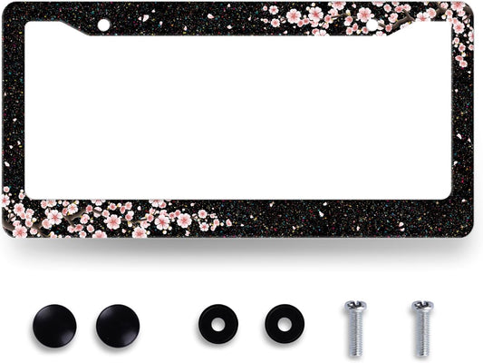 Bling Cherry Blossom License Plate Frame Pink Floral License Plate Stainless Steel Auto Parts Colorful License Plate Holder for Women Decoration with Screws License Plate Holder 12"x6"