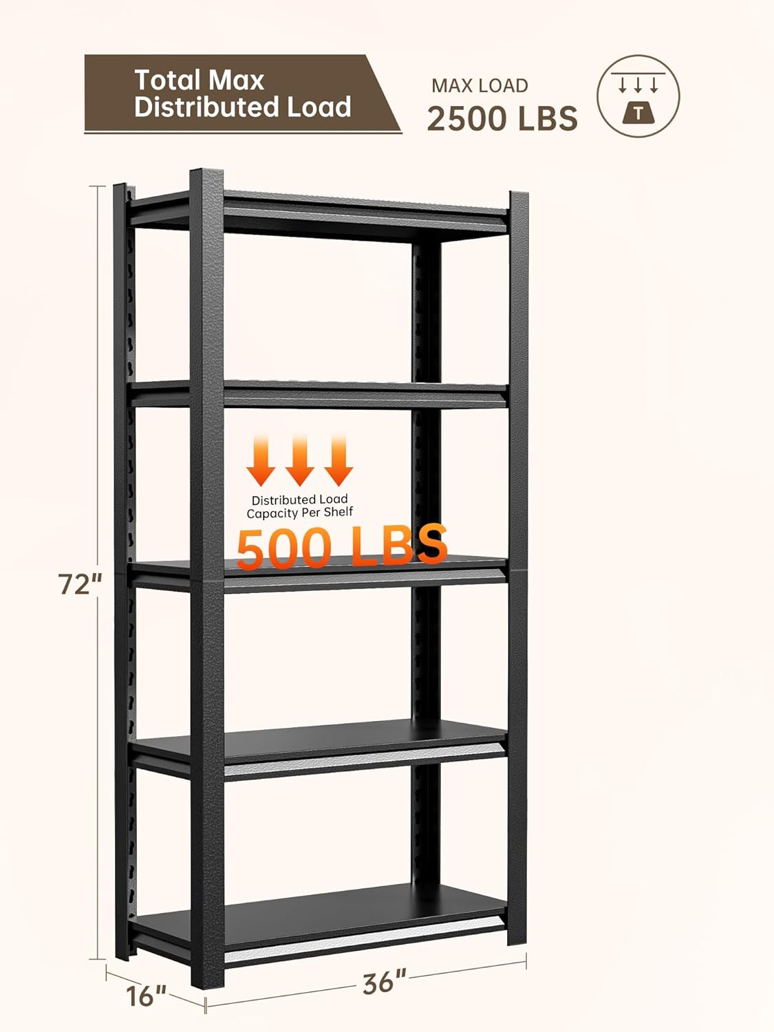 JHYKHG 72" H Storage Shelves,5-Tier Heavy Duty Garage Shelving,Adjustable Shelving Unit,Metal Shelf,Boltless Assembly Rack for Warehouse,Shed,2,500 lb Load,16 x 36 x 72 Inches,Black