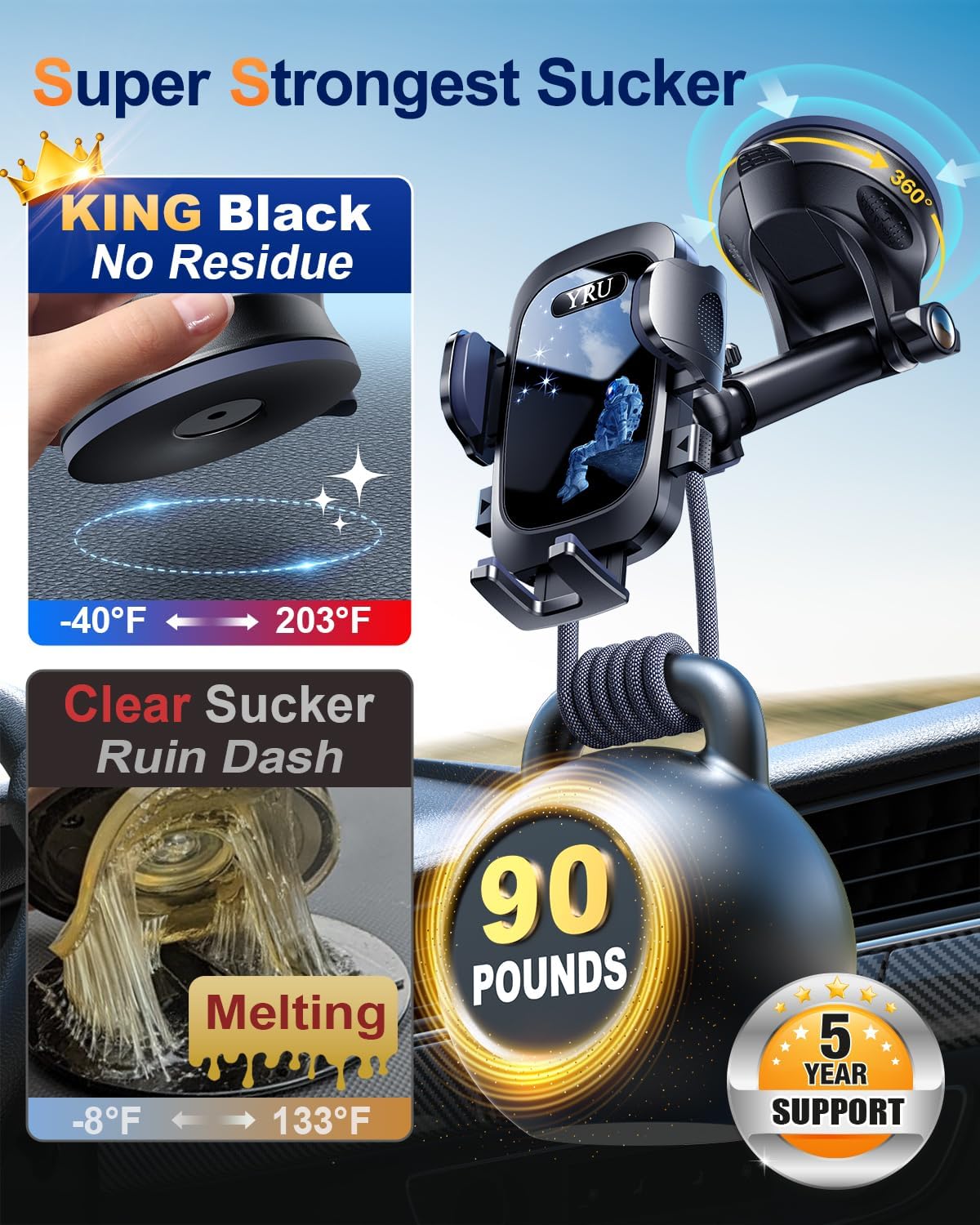 YRU True Military-Grade & 360 Degrees Rotatable Suction 2025 Ultimate Car Phone Holder Mount 90+LBS Safest Strongest Patent Certs Dashboard Windshield Vent for iPhone 16 15 Pro Max Samsung Dark Black