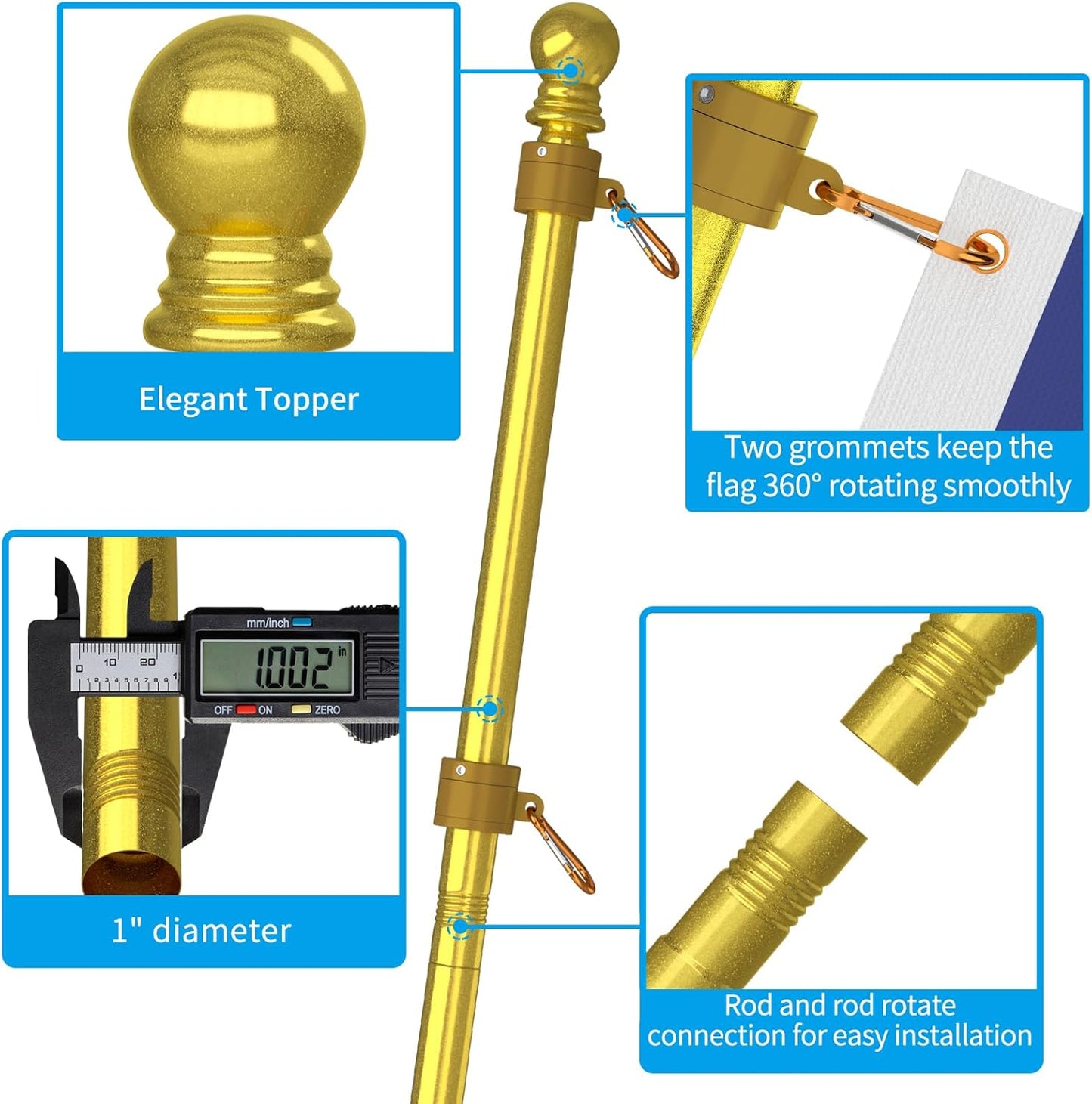 ZMTECH Flag Pole - Upgraded Bracket, 6 FT Stainless Steel Flag Poles for Outside House, Residential or Commerical, Tangle Free Flag Pole Kit for American Flag (Without Flag, Gold)