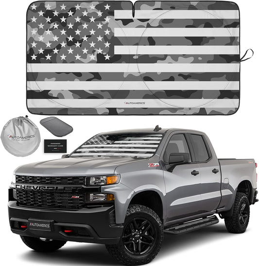 Autoamerics 1-Piece Windshield Sun Shade Gray Camo American Flag USA Design - Foldable Car Front Window Sunshade for Most Sedans SUV Truck - Blocks Max UV Rays and Keeps Your Vehicle Cool - Large