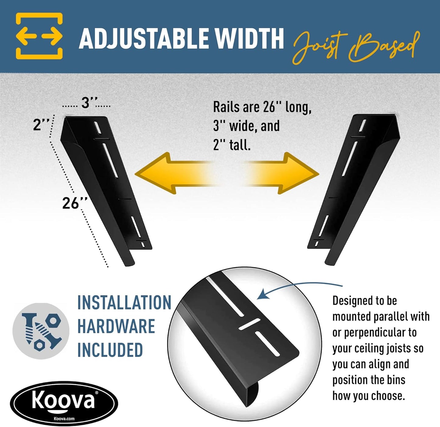 Koova Heavy-Duty Overhead Garage Storage Rack for 1 Bin. Adjustable Width, 40lb Capacity. DIY Super Safe Ceiling Mount, Easy 4-Bolt Install. Fits 27-Gallon Tote. USA Made Steel. Space Saving Organizer