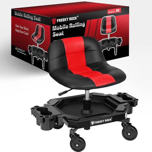 Rolling Stool with Wheels, Adjustable Height Pneumatic Garage Work Mechanic Stool Seat with Backrest, 400 LBS Capacity 360° Swivel Mechanic Crepper Chair with Tool Tray Storage, Red