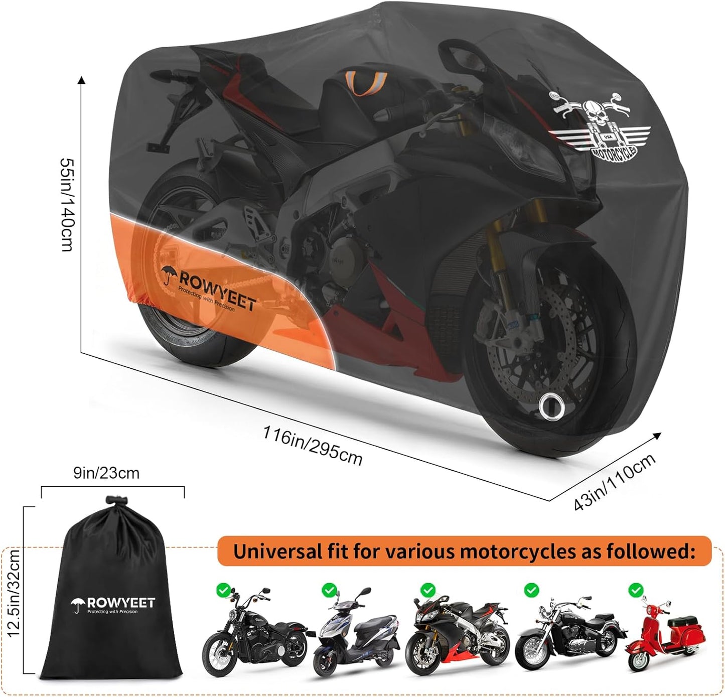 Motorcycle Cover Waterproof Outdoor Storage with Lock-Holes, Storage Bag & Night Reflective Design, All Season Protection Powersports Vehicle Covers Fits up to 116" Motorcycles