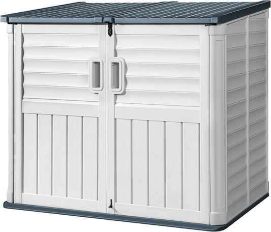 Devoko Resin Outdoor Storage Shed, 34 Cu Ft Outdoor Storage Cabinet Without Shelf, Waterproof, Double Locks, Resin Storage for Trash Can, Garden Tools, Pool Supplies (Beige)