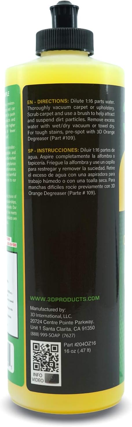 3D Upholstery & Carpet Shampoo - High Foam Stain Remover & Odor Eliminator Shampoo 16oz.