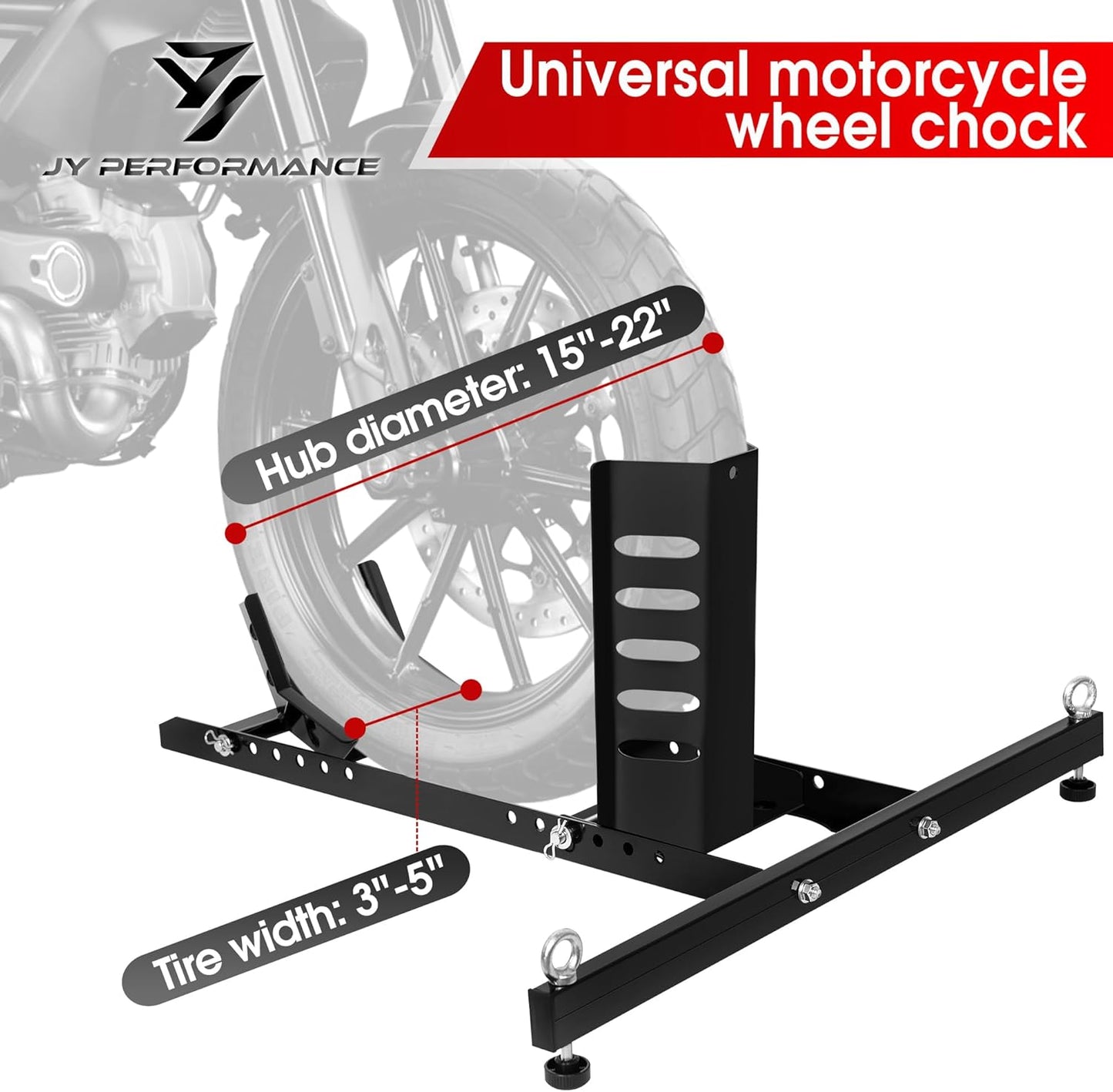 JY PERFORMANCE Motorcycle Wheel Chock, Universal Heavy Duty Front Wheel Stand for Trailer, Cruiser, Sports & Dirt Bikes, 1800 lb Capacity Adjustable Wheel Stand for 15"-22" Wheels