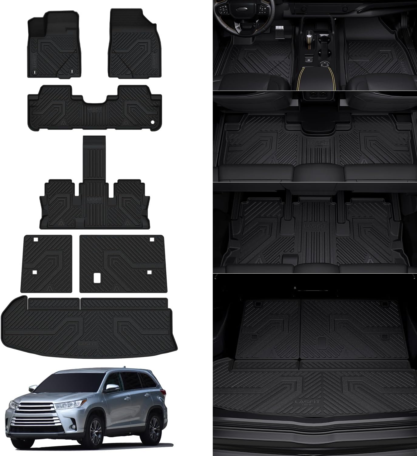 LASFIT Floor Mats&Trunk Mat for Toyota Highlander 2014-2019(Not for Hybrid), All Weather TPE Mats Floor Liner for Highlander LE/Limited/SE/XLE, Black(Not fit 2nd Row Bench Seating).