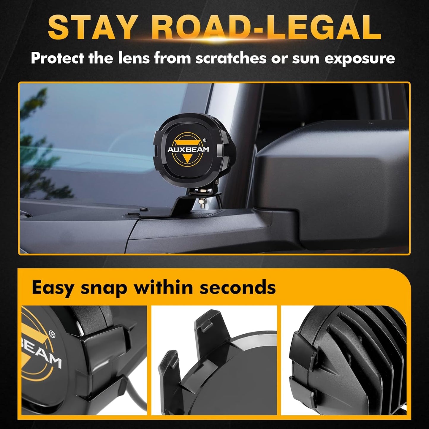 Auxbeam P4 Series Round Protective Light Covers, 4 Inch Black Offroad LED Pods Lens Cap, Dust Impact Shield & Street Compliant, Snap-On Design, 2 Packs