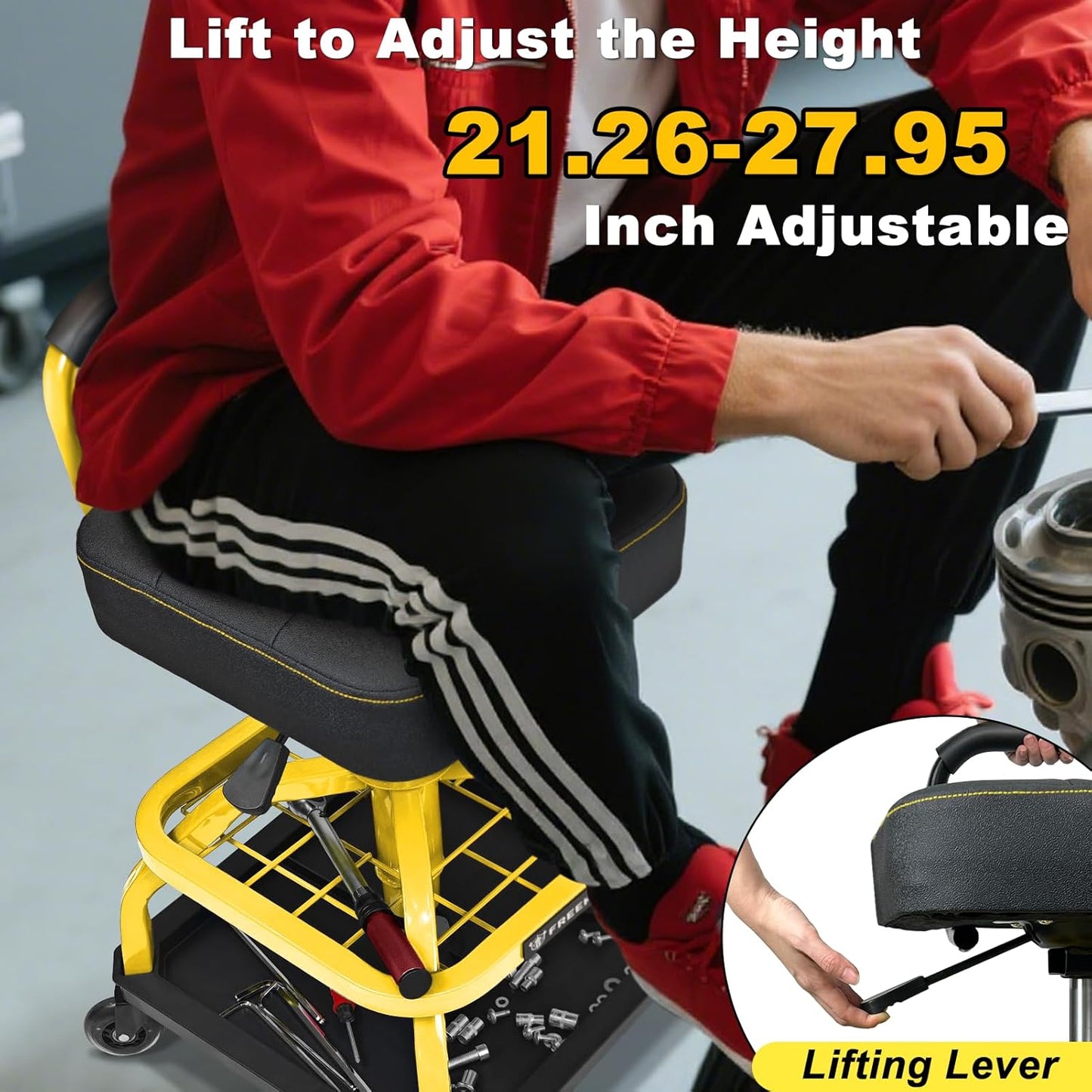 Rolling Shop Stool with Wheels, Garage Mechanic Shop Chair with Handle Backrest, Adjustable Height Work Stool, Roller Seat with Tool Tray Storage, Heavy Duty, 330 LBS Capacity, Yellow